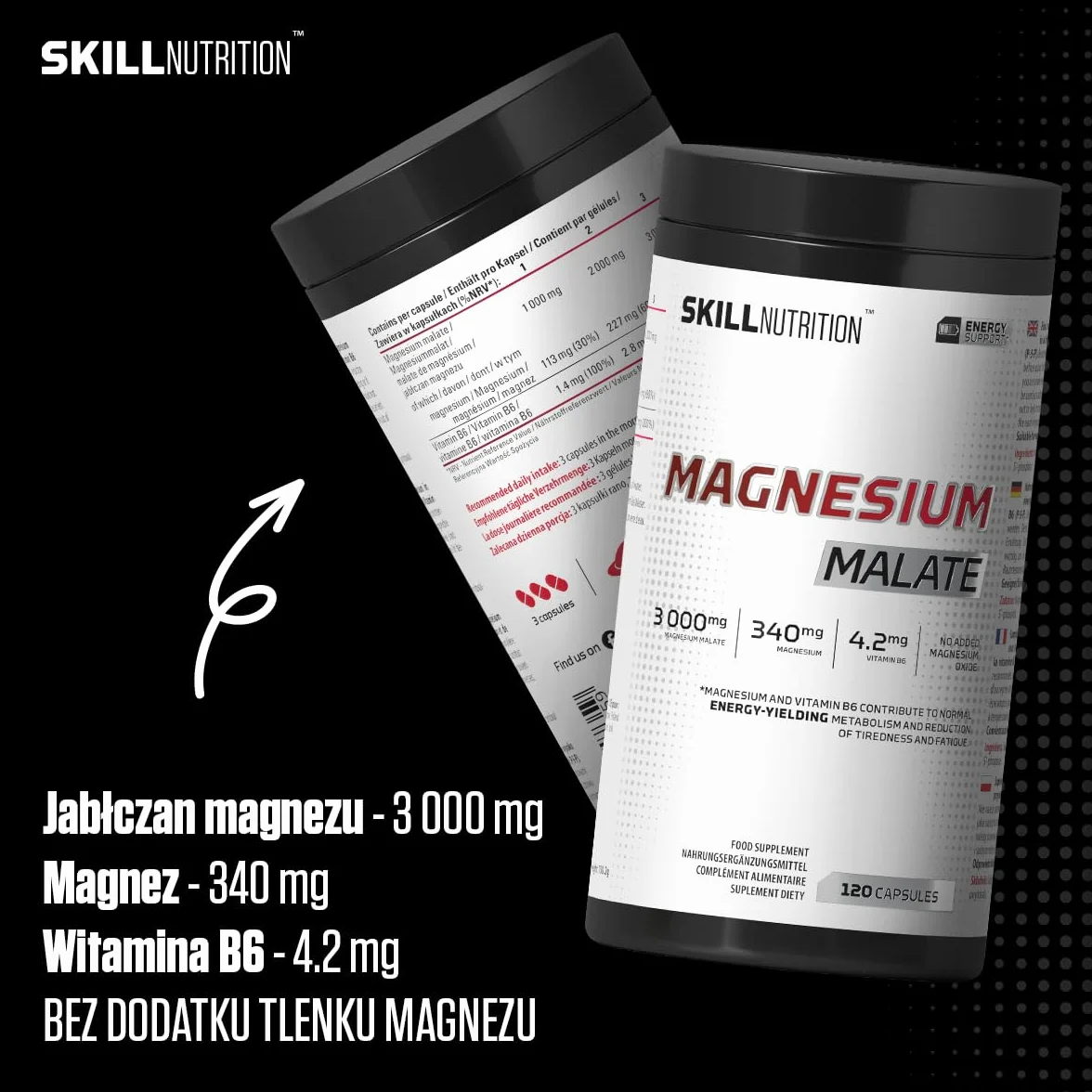 Skill Nutrition Magnesium Malate + Vitamin B6 120 kapsułek 340 mg magnezu 3000 mg jabłczanu magnezu B6 P-5-P