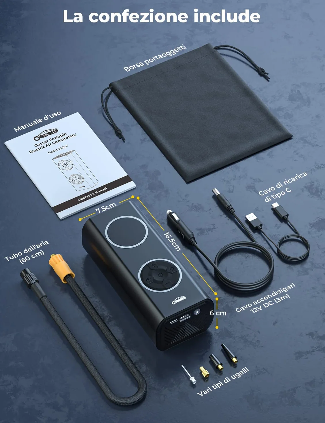 Oasser Przenośny Kompresor Powietrza 6000mAh 150PSI - Elektryczna Pompa do Opon z Dwukolorowym Wyświetlaczem LCD, Automatycznym Wyłączaniem i 4 Końcówkami - Do Samochodów, Motocykli, Rowerów i Piłek