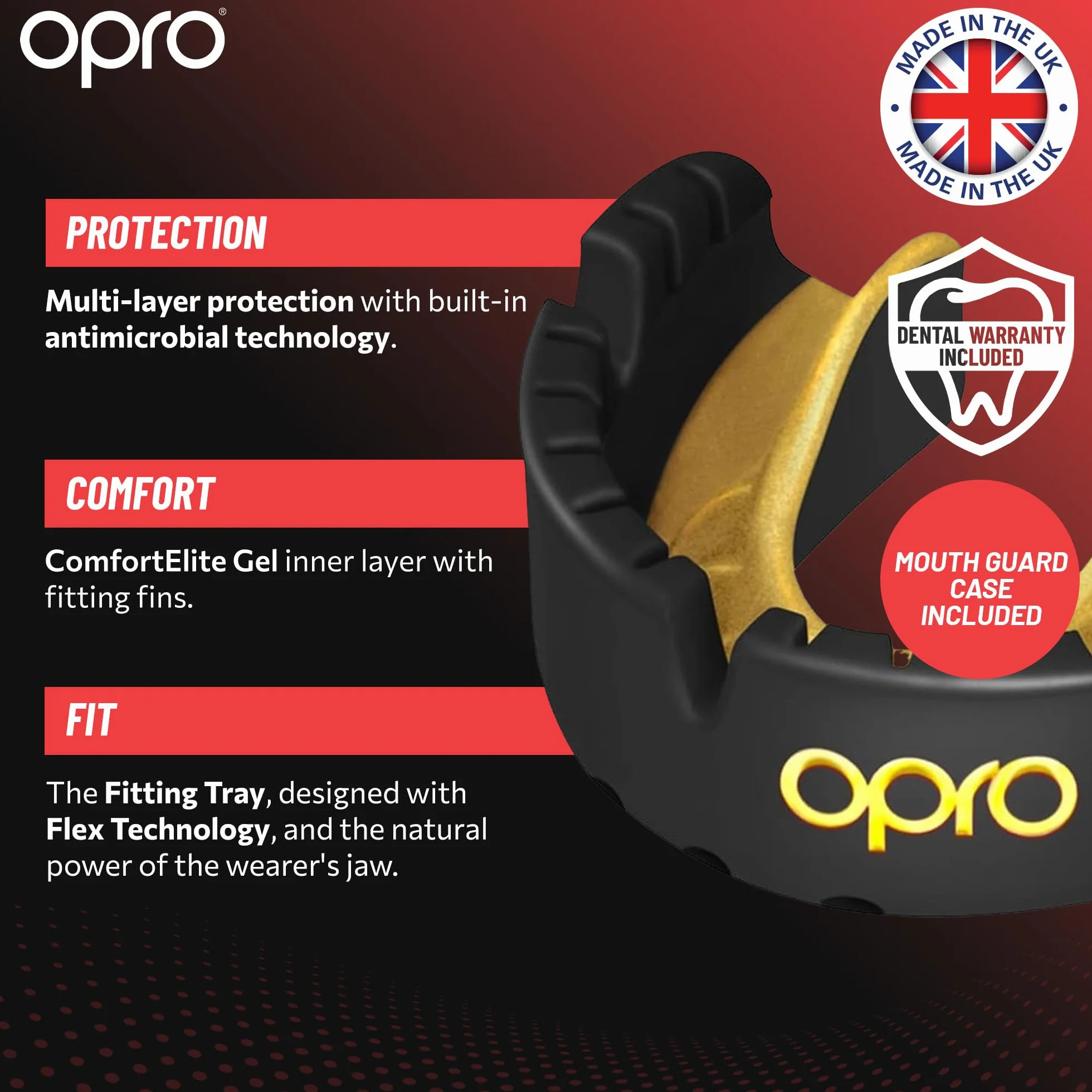 Opro Nowy ochraniacz na zęby Gold Level do aparatów ortodontycznych, sportowy ochraniacz na usta dla dorosłych, z rewolucyjną technologią dopasowania do boksu, lacrosse'a, MMA, sztuk walki, hokeja i
