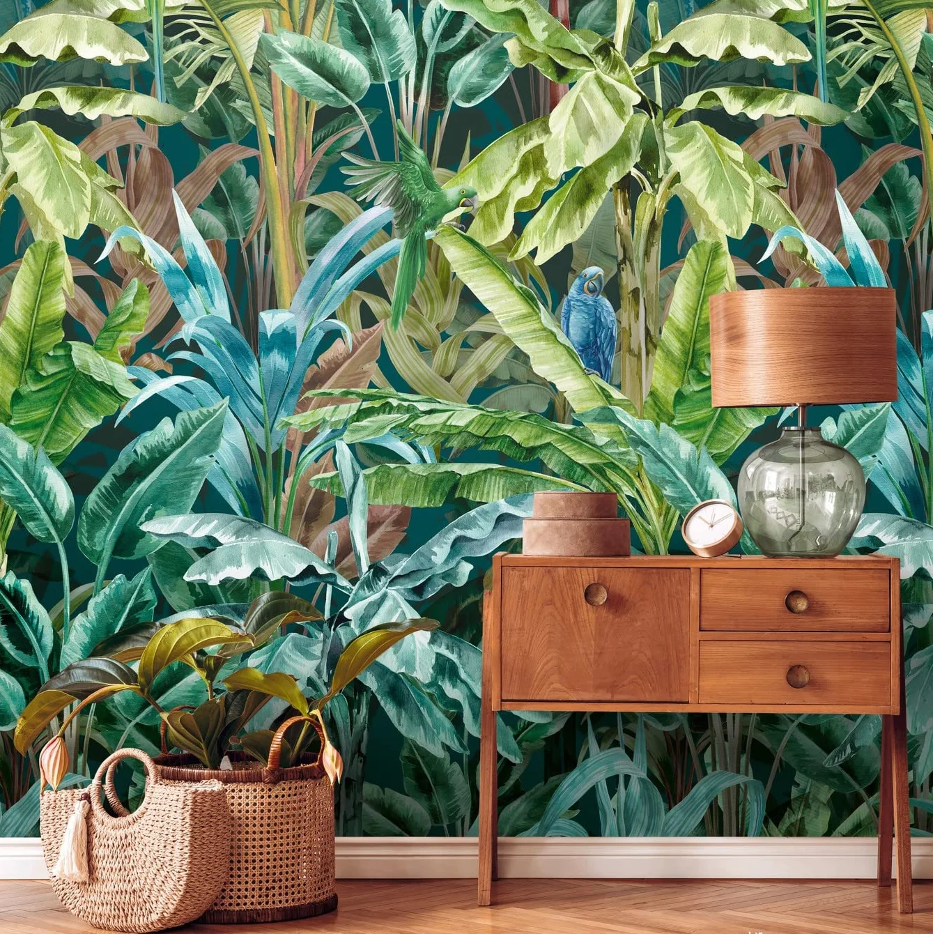 Livingwalls Travel Styles tapeta flizelinowa – papuga w kolorze zielonym i niebieskim – tropikalna tapeta ścienna do różnych pomieszczeń o wymiarach 1,59 m x 2,80 m