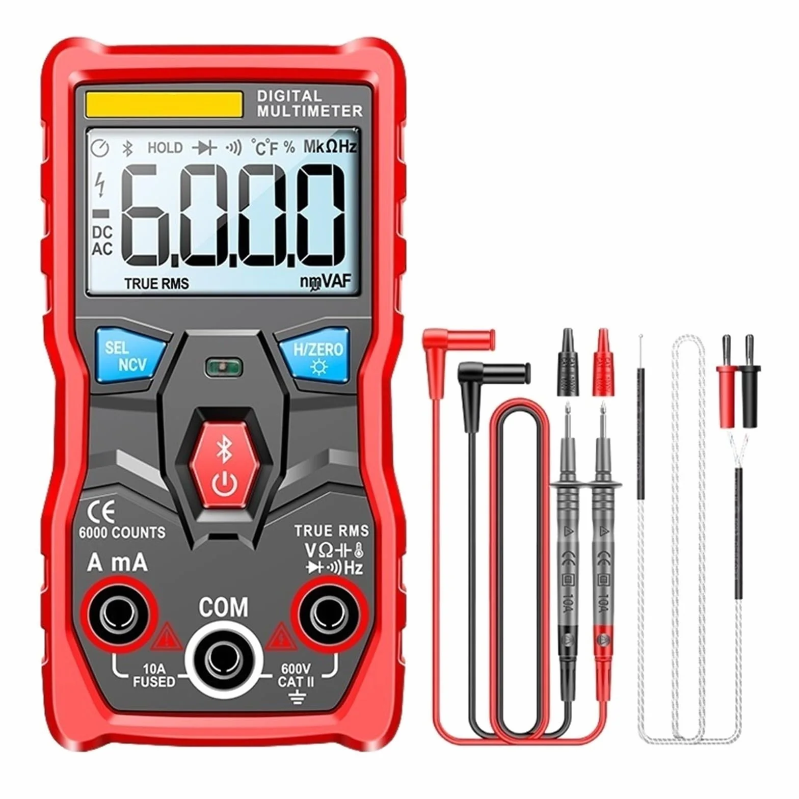 Cyfrowy Multimetr Analogowy Bluetooth 6000 Zlicza True AC/DC Napięcie Prądu Pojemność Tester Samochodowy Miernik Szybko Dokładnie Łatwy Odczyt(Red)