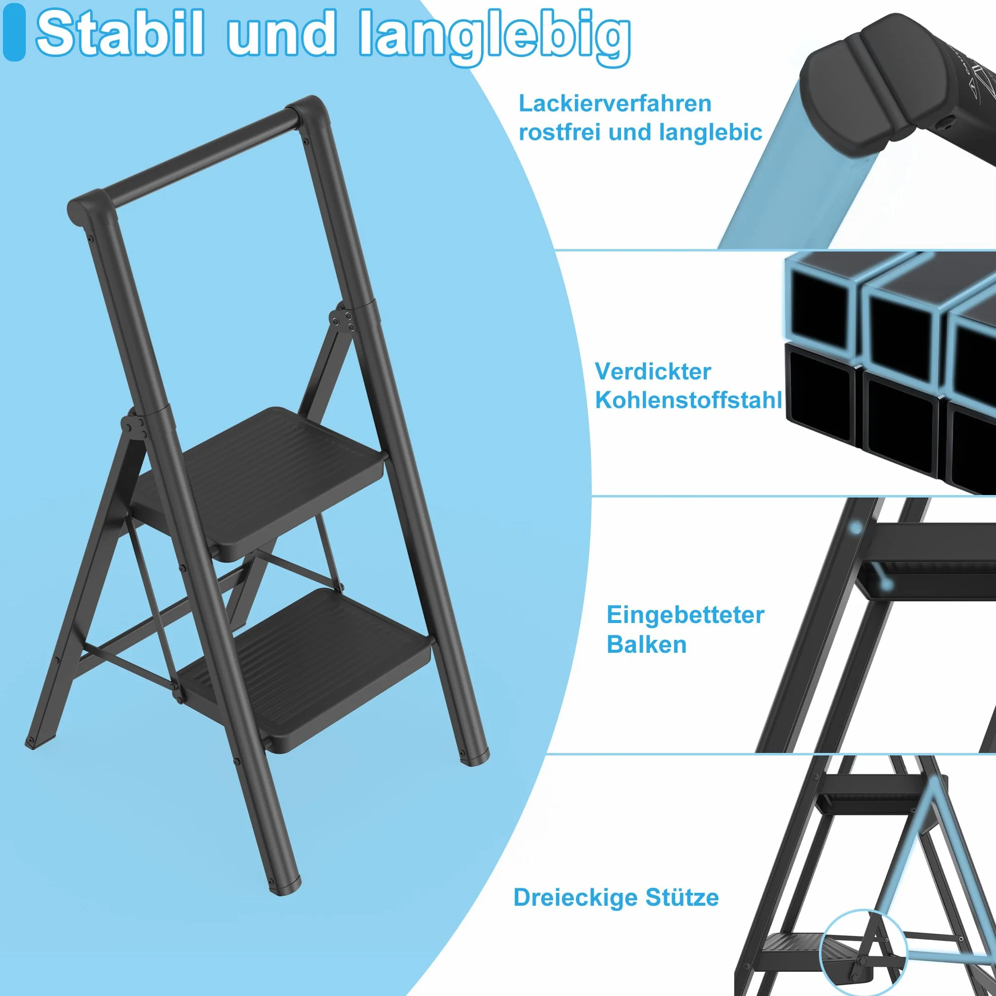 UISEBRT 2-stopniowa drabinka składana z poręczą, antypoślizgowe stopnie, 250KG, czarna