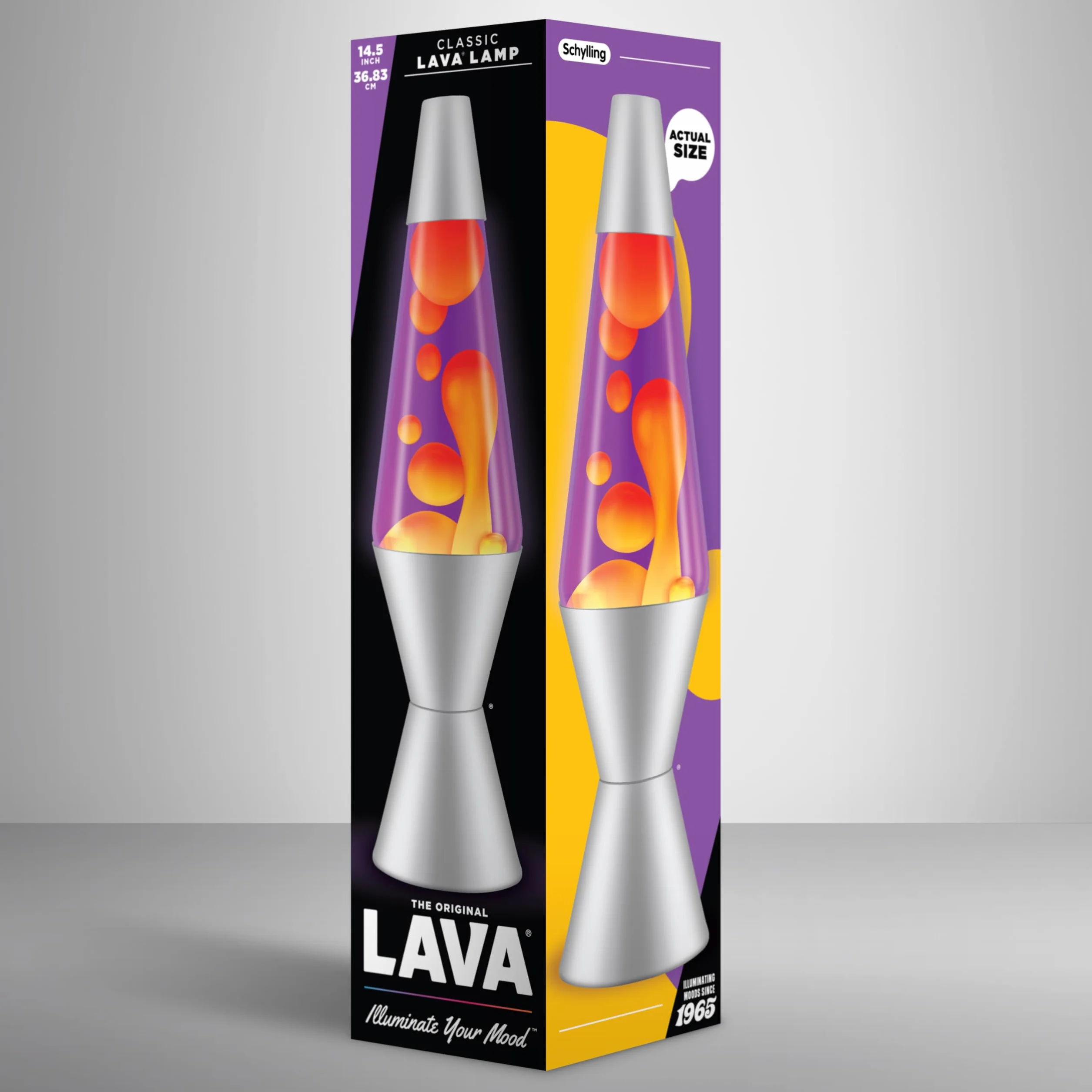 LAVA® - Lampa Lava 2125, żółty wosk, fioletowa ciecz, srebrna podstawa i czapka, oryginalna 14,5 cal lampa ruchowa marki LAVA®