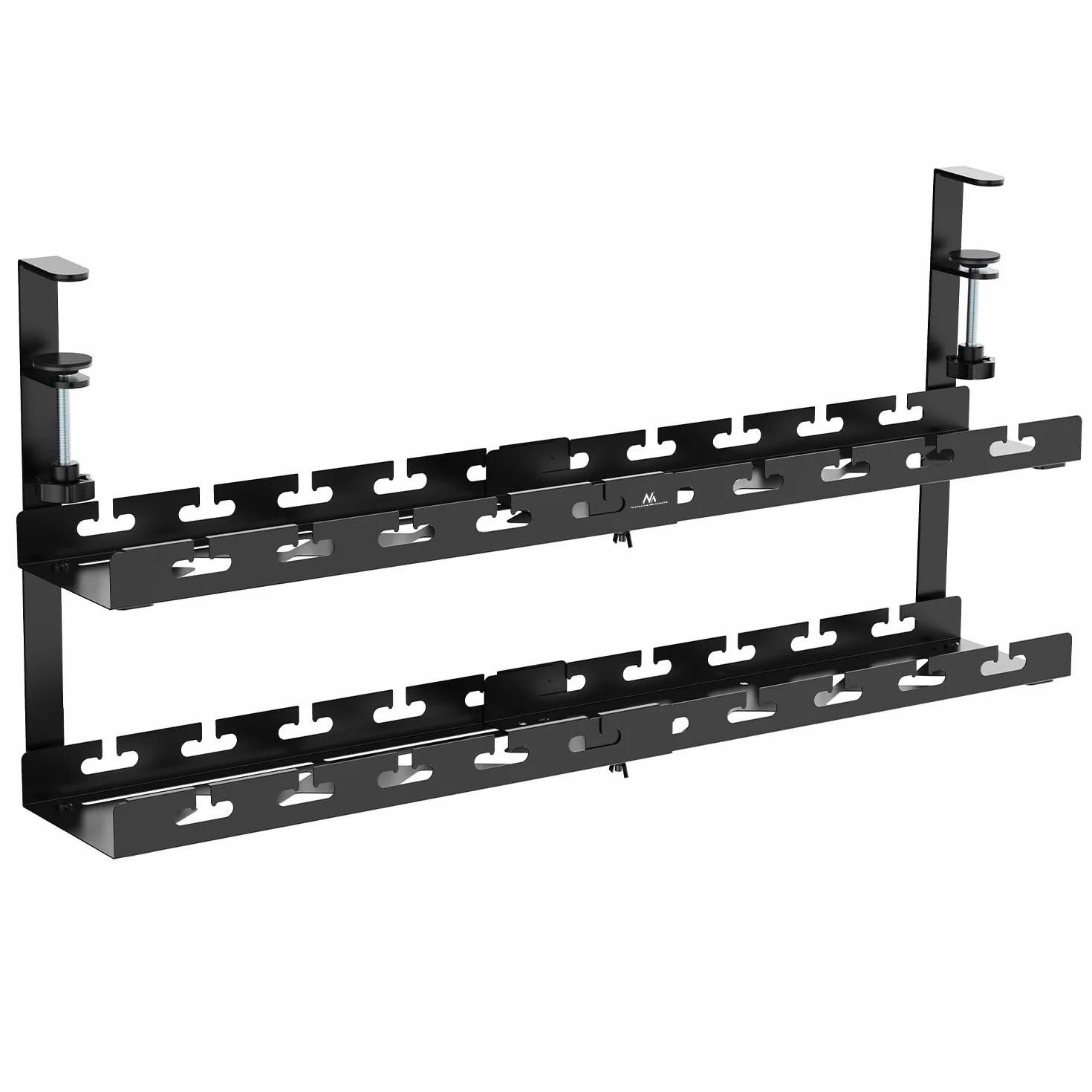 Maclean MC-102B - Organizer kabli z 2 półkami, regulowany, z mocowaniem zaciskowym 433-728 mm, wytrzymały uchwyt na gniazdo 5 kg, z przepustem kablowym i zapięciami na rzepy