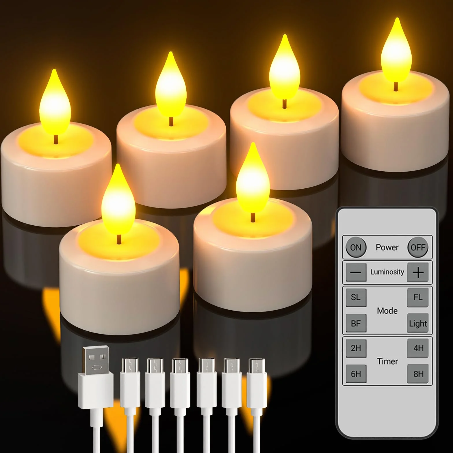 SoulBay Akumulatorowe Podgrzewacze do Herbaty, 6 Opakowań Bezpłomieniowych Elektrycznych Świeczek LED na Baterie z Pilotem Zdalnego Sterowania z Timerem, Akumulatorowe Świece z Kablem USB-C do Domu