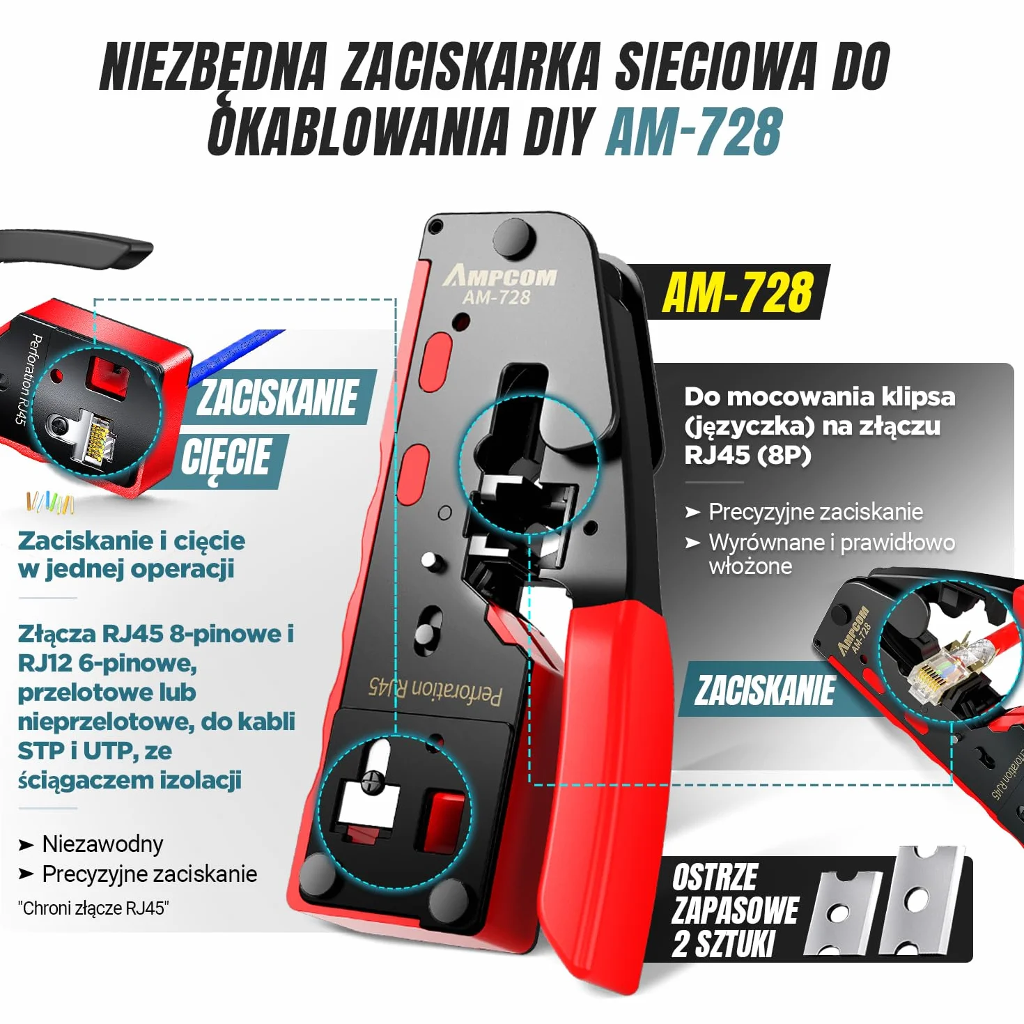 AMPCOM Zestaw narzędzi do zaciskania Ethernet 10 w 1, zestaw sieciowy RJ45/RJ11 z testerem RJ45 do złączy Cat6/5e, zawiera 110 narzędzi do dziurkowania i ściągacza przewodów