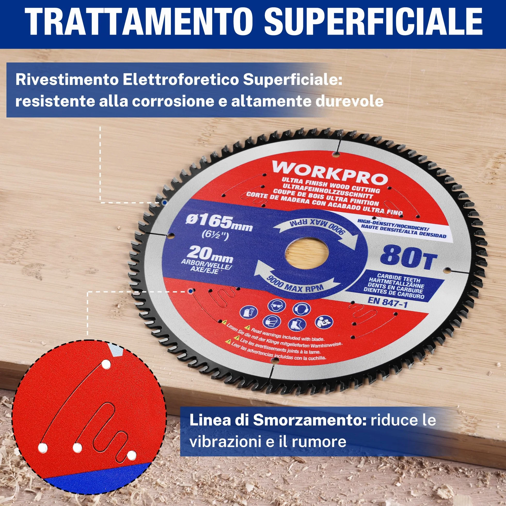 WORKPRO Piła tarczowa 165 x 20 mm 80 zębów, tarcza tnąca TCT do drewna, sklejki, MDF, płyty gipsowo-kartonowej, laminatu, tworzywa sztucznego