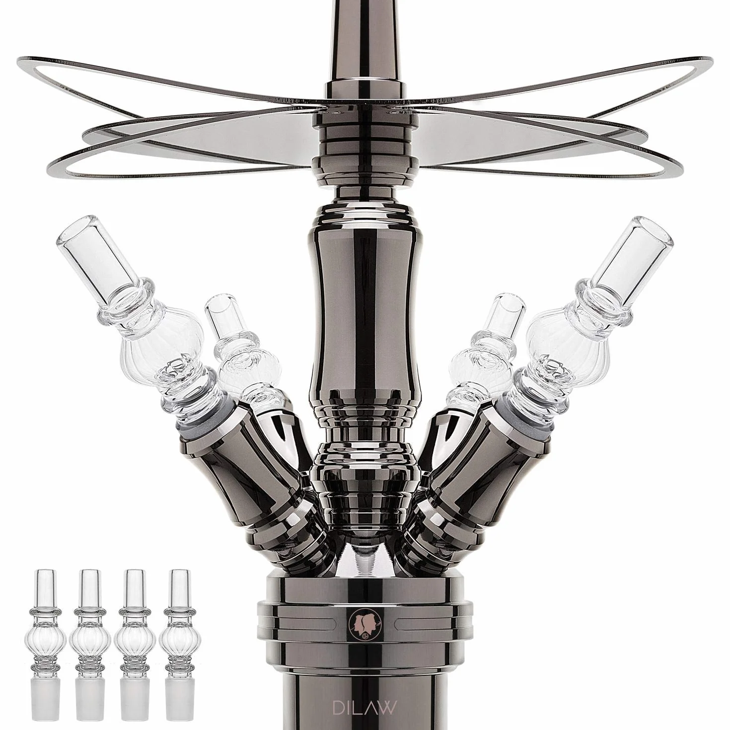 DILAW Kompletny zestaw sziszy Smart to go 38 cm stal nierdzewna mini hookah 4 przyłącza 4 adaptery szklane