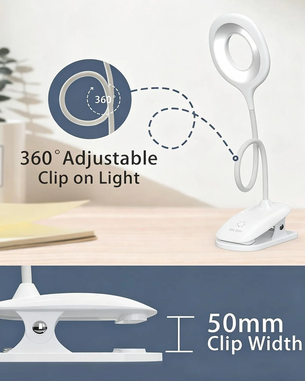 Lampka Zaciskowa LED do Czytania z Klipsem USB, 3 Kolory Światła, Dotykowe Ściemnianie, Elastyczne Ramię, Biała