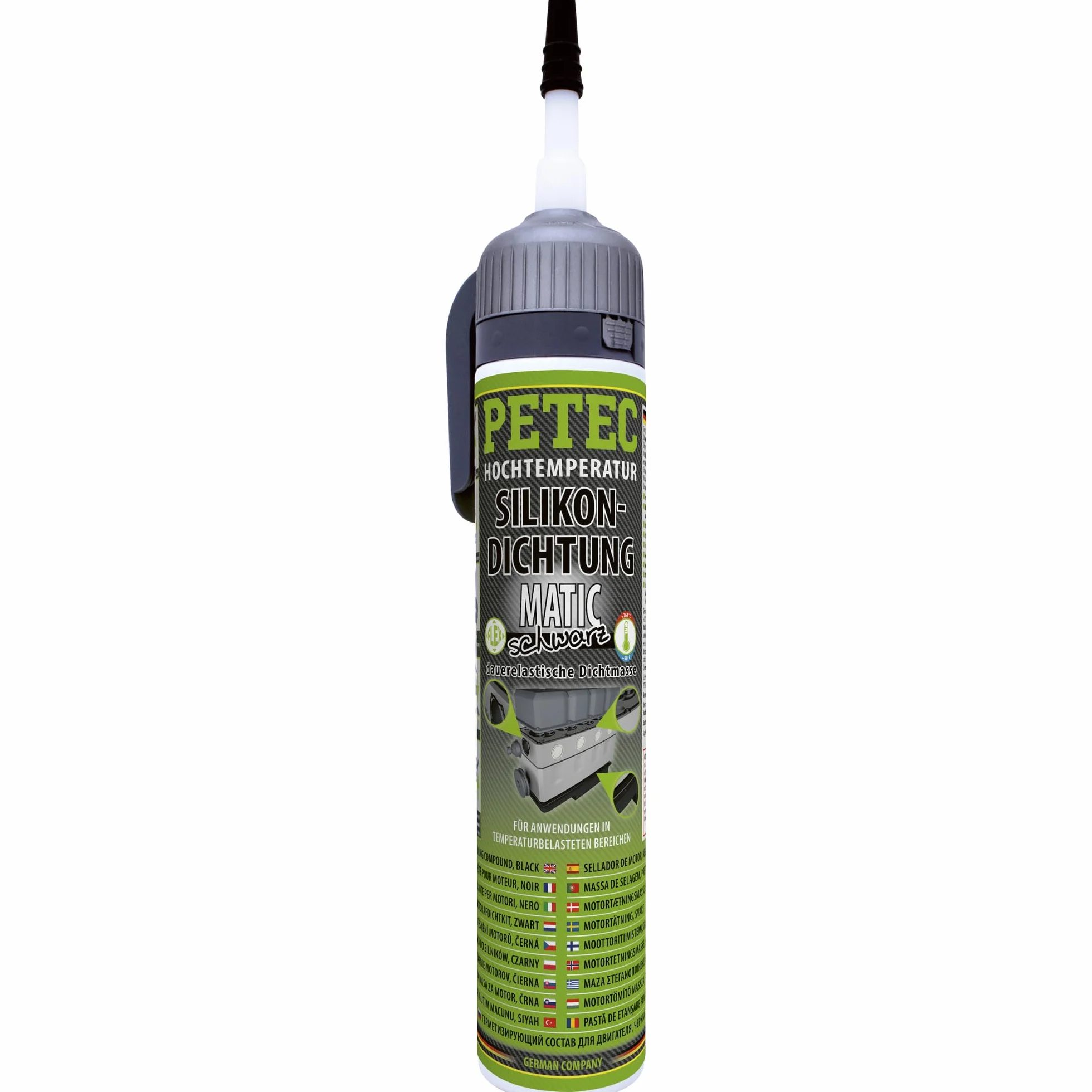 PETEC Wysokotemperaturowa uszczelka silikonowa MATIC w kolorze czarnym 200 ml automatyczna puszka uszczelniająca silnika, masa uszczelniająca do samochodów osobowych i przyczep kempingowych 97720