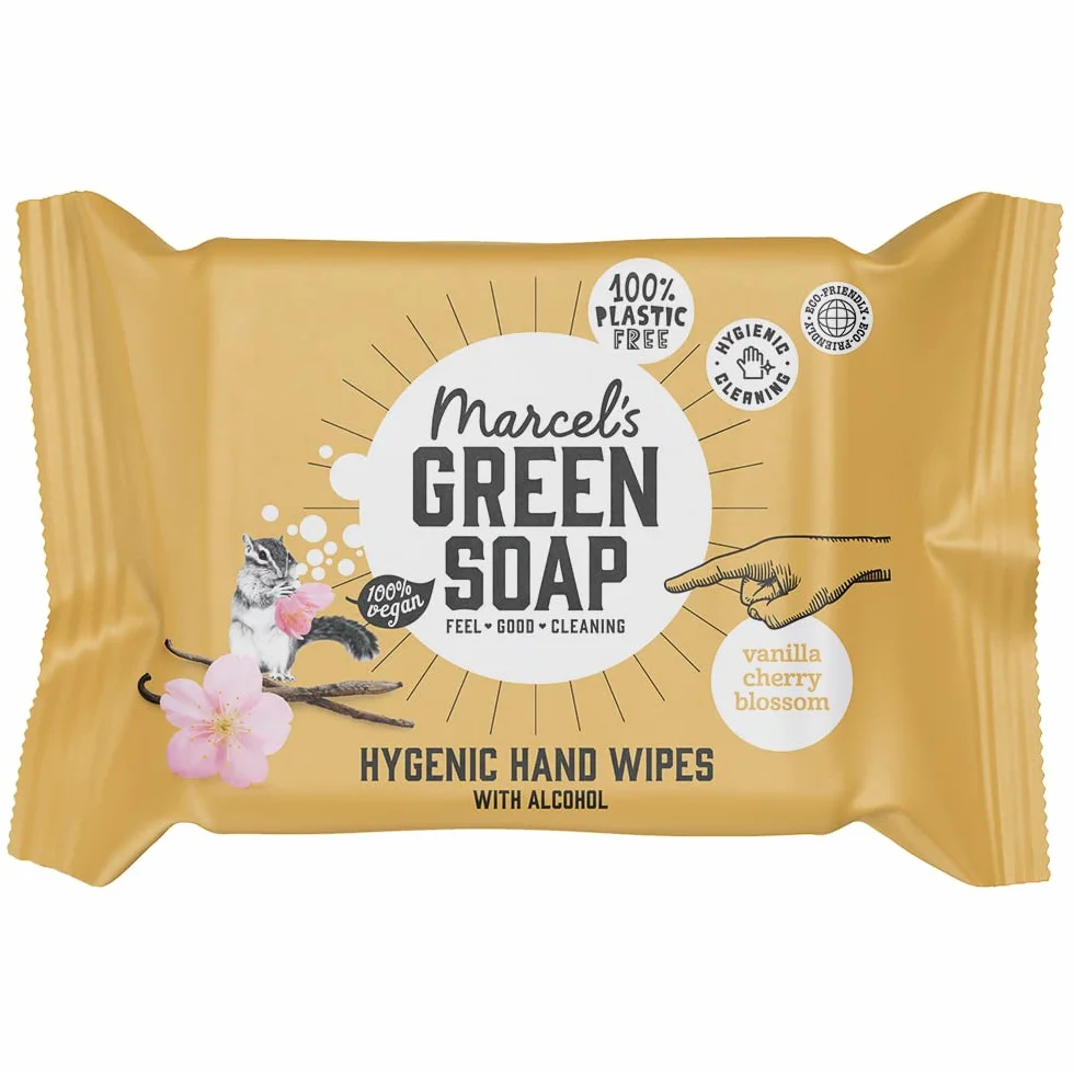 Marcel's Green Soap Higieniczne chusteczki nawilżane do rąk, opakowanie 15 sztuk, wanilia i kwiat wiśni, na bazie roślin, przyjazne dla środowiska