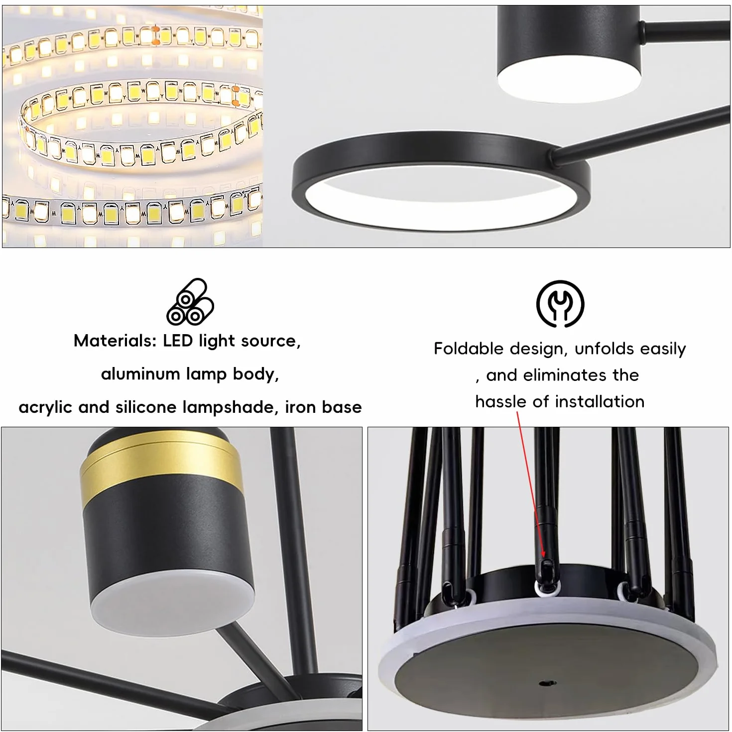 Okrągły żyrandol LED Lampka sufitowa z funkcją ściemniania i pilotem Lampka do salonu Lampka sufitowa do sypialni Lampka wisząca Starlight Nowoczesne lampy sufitowe restauracji i biura (Czarny Φ120cm)