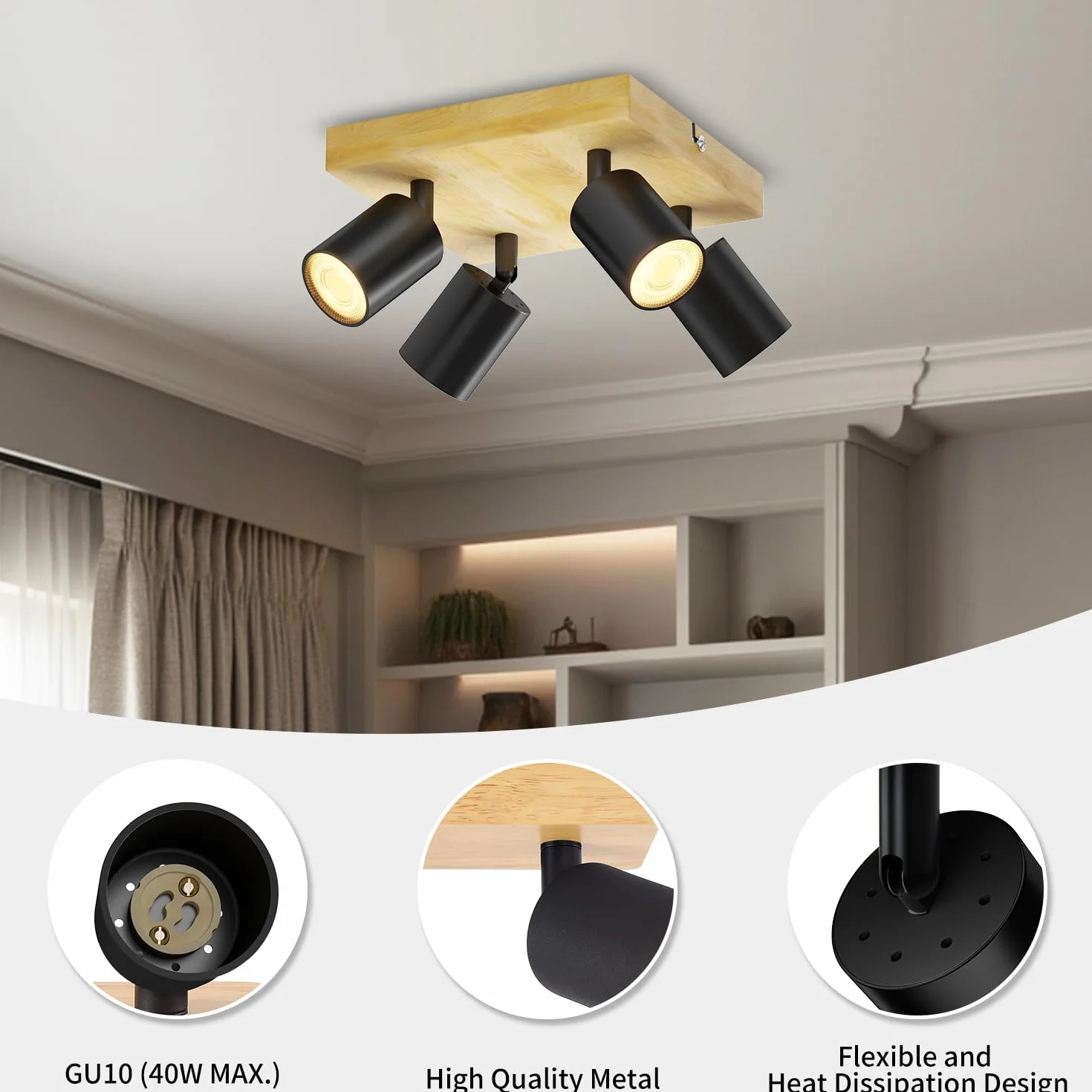LVWIT Lampa sufitowa LED GU10 4 reflektory czarna drewniana kwadratowa