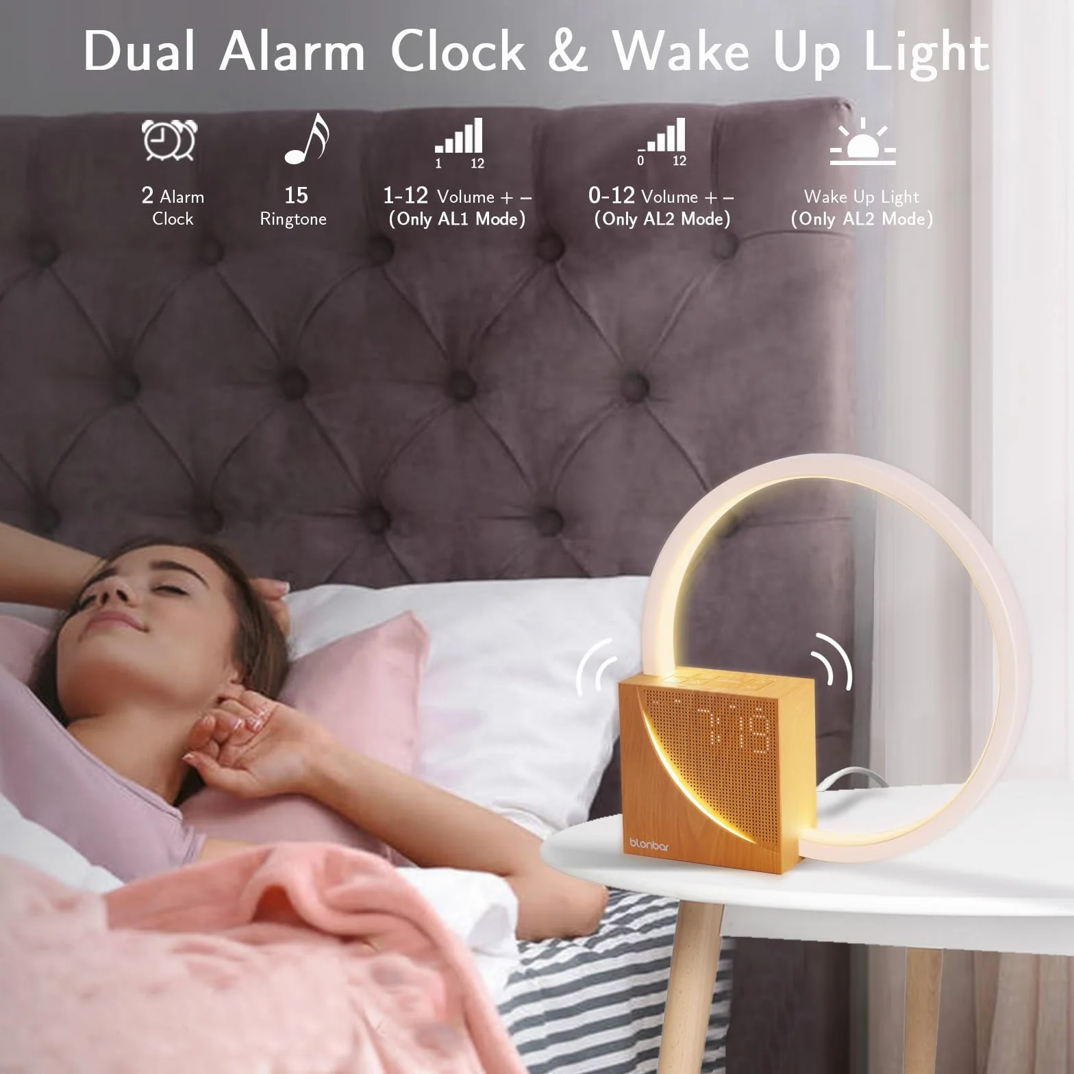 Blonbar 10W Lampka Nocna z Ładowaniem USB, Budzik Wake Up Light, Sterowanie Dotykowe, Ściemnialna Lampka Stołowa