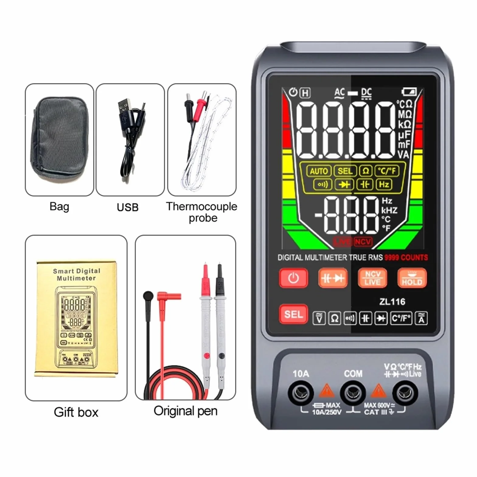 Multimetr Cyfrowy USB Ładowanie Duży Ekran 9999 AC DC Napięcie Prądu T-RMS Automatyczny Zakres Pojemność Temperatura Ohm Tester Szybko Dokładnie Łatwy Odczyt