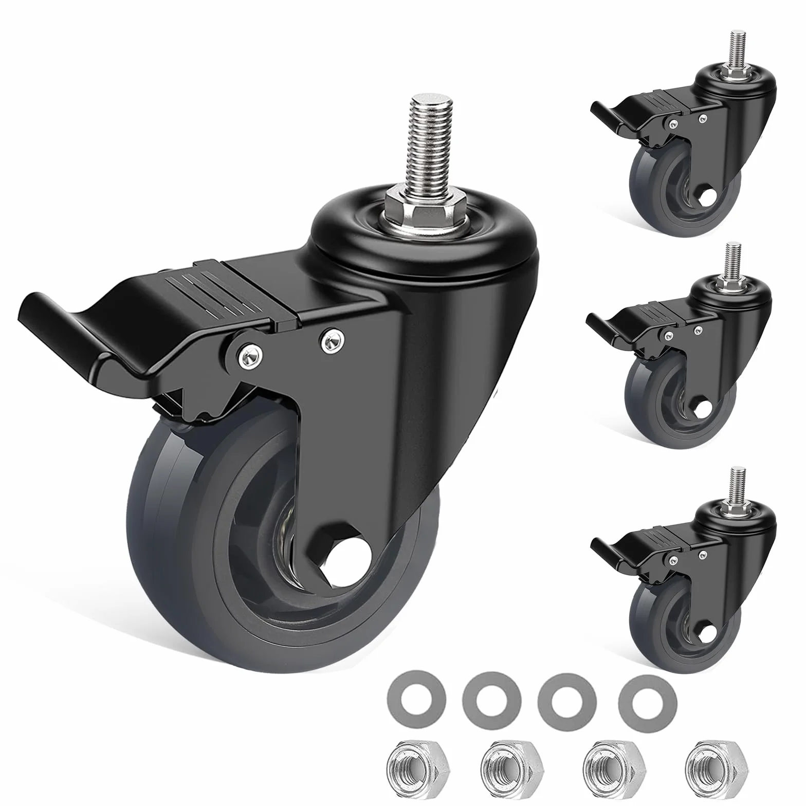 Kółka skrętne 75 mm z hamulcem, 4 sztuki kółek meblowych ze śrubą M10 x 1,5 x 30 mm, kółka do dużych obciążeń wraz z akcesoriami montażowymi, kółka transportowe obracane o 360° do 400 kg, rolki