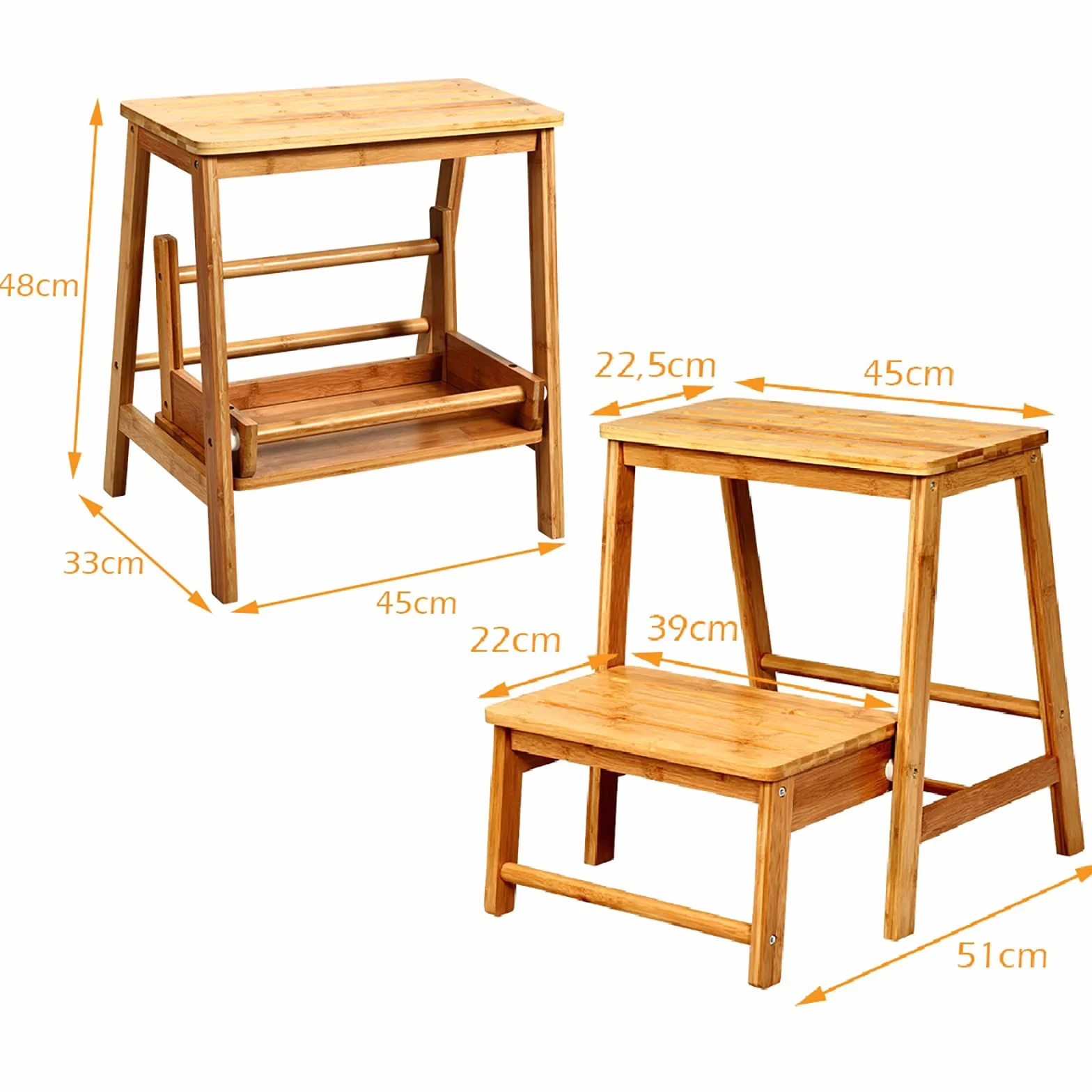 GIANTEX taboret 2 stopnie, krzesło drabinkowe z litego drewna składane, drabinka drabinkowa 45x33x48 cm, stojak drabinkowy drewniany mała drabinka do użytku domowego, składane stopnie bambusowe