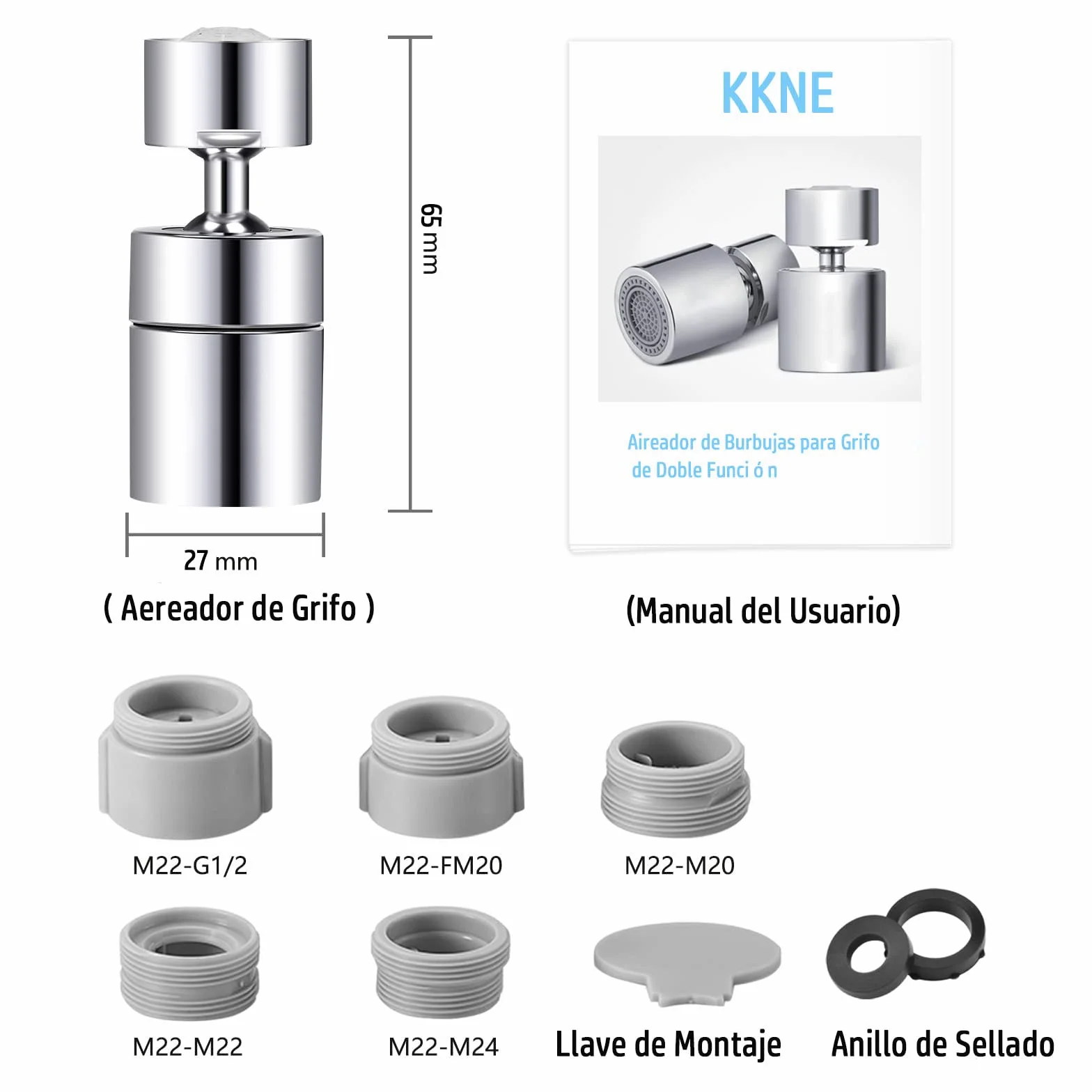 720° Obrotowy Kran Napowietrzacz Kran Kuchenny Regulowany 2 tryby, Atomizer Kran, Adapter kran kuchenny do zlewozmywaków i łazienek, z 5 adapterem, gwint wewnętrzny 22 mm