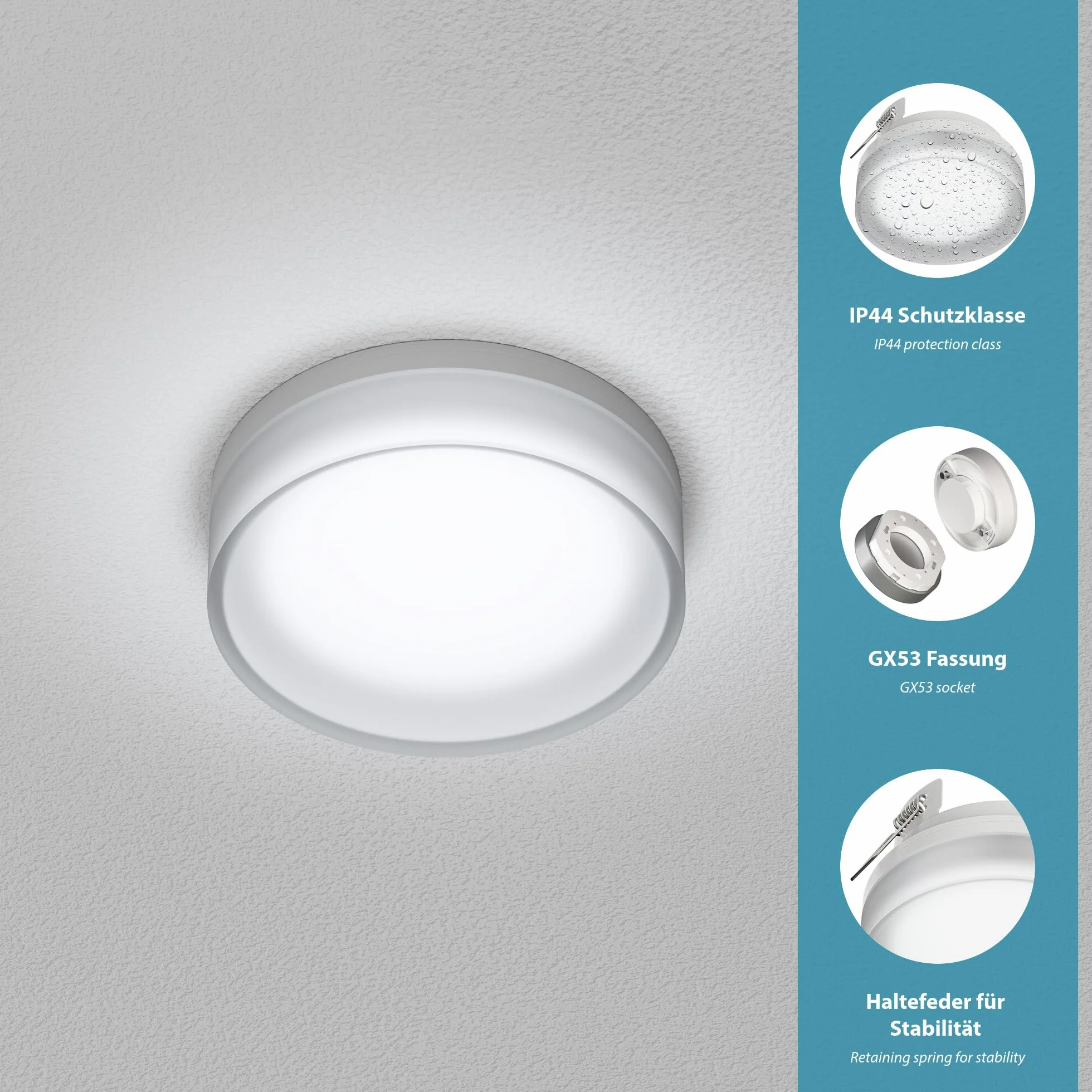 ledscom.de 4 szt. lampa sufitowa IPLY, IP44, biały mat, okrągła, z żarówką LED GX53, 509lm, ciepła biel