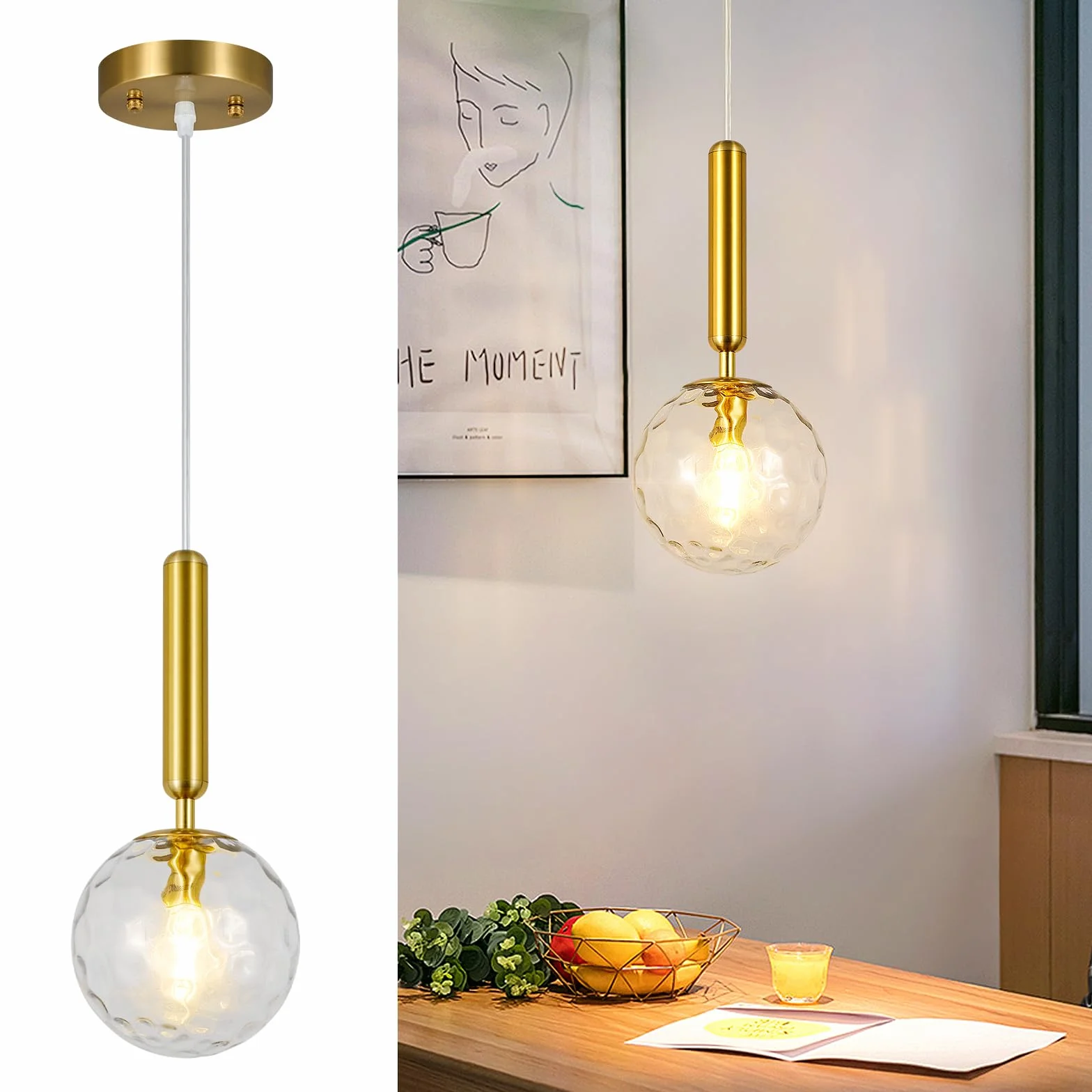 Nowoczesne złote wiszące światło dla wyspy kuchennej Mid-Century Wisiorek Światła z mleczno-białym kryształowym globusem Szkło Wisiorek Światła do sypialni Jadalnia (1-Pack)