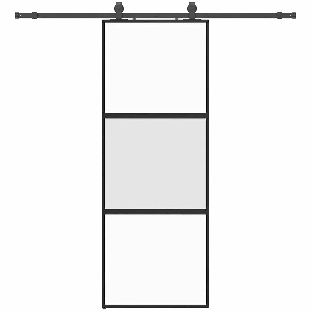 Aluminiowe drzwi przesuwne czarne 76 x 205 cm z matowym szkłem hartowanym, łącznie z zestawem okuć ze stali malowanej proszkowo dla cichego i bezpiecznego użytkowania