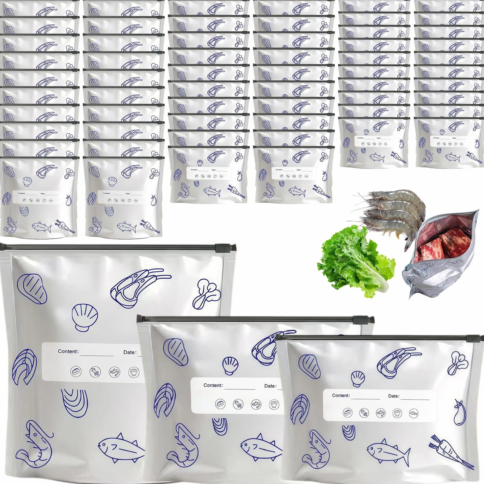 60 sztuk toreb do zamrażania wielokrotnego użytku z zamkiem błyskawicznym, worki do przechowywania z folii aluminiowej, do przechowywania mięsa, warzyw, owoców, w 3 rozmiarach (duże, średnie