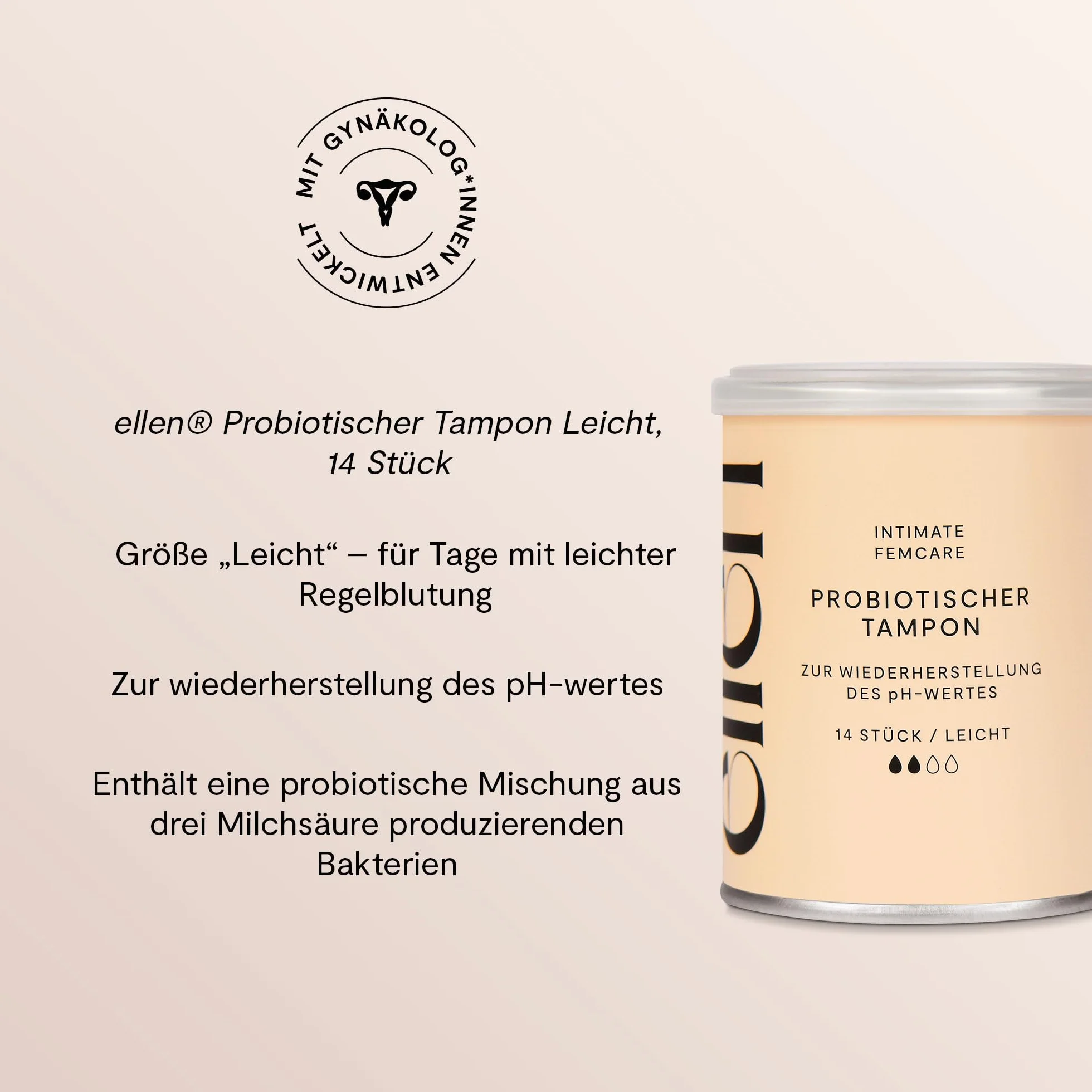 ellen® tampony probiotyczne, 14 sztuk, wzbogacone probiotykami, delikatna pielęgnacja dla zdrowia pochwy