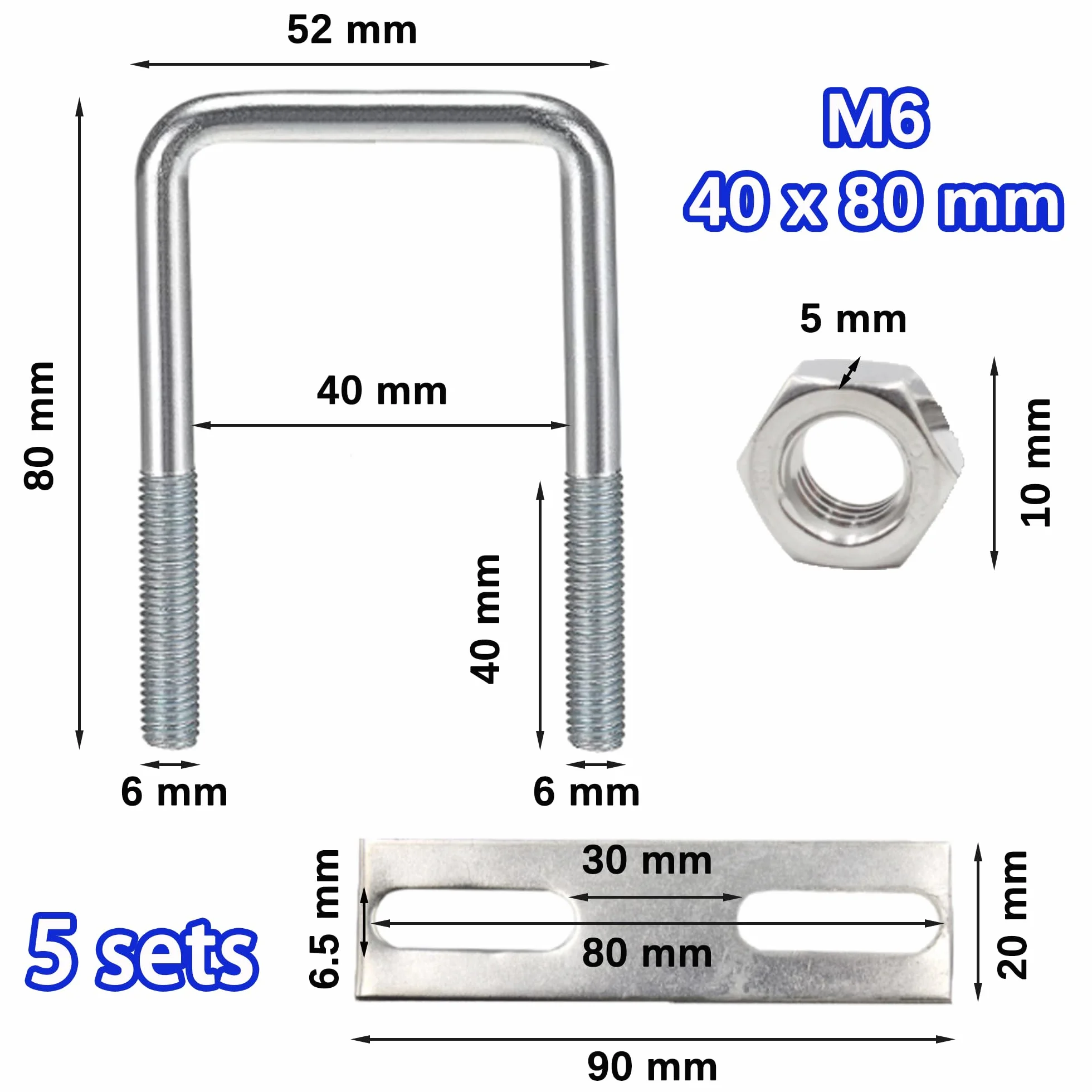 Śruby U M6 40x80 mm ze stali nierdzewnej kwadratowe z nakrętką płytą ramową 5 szt.