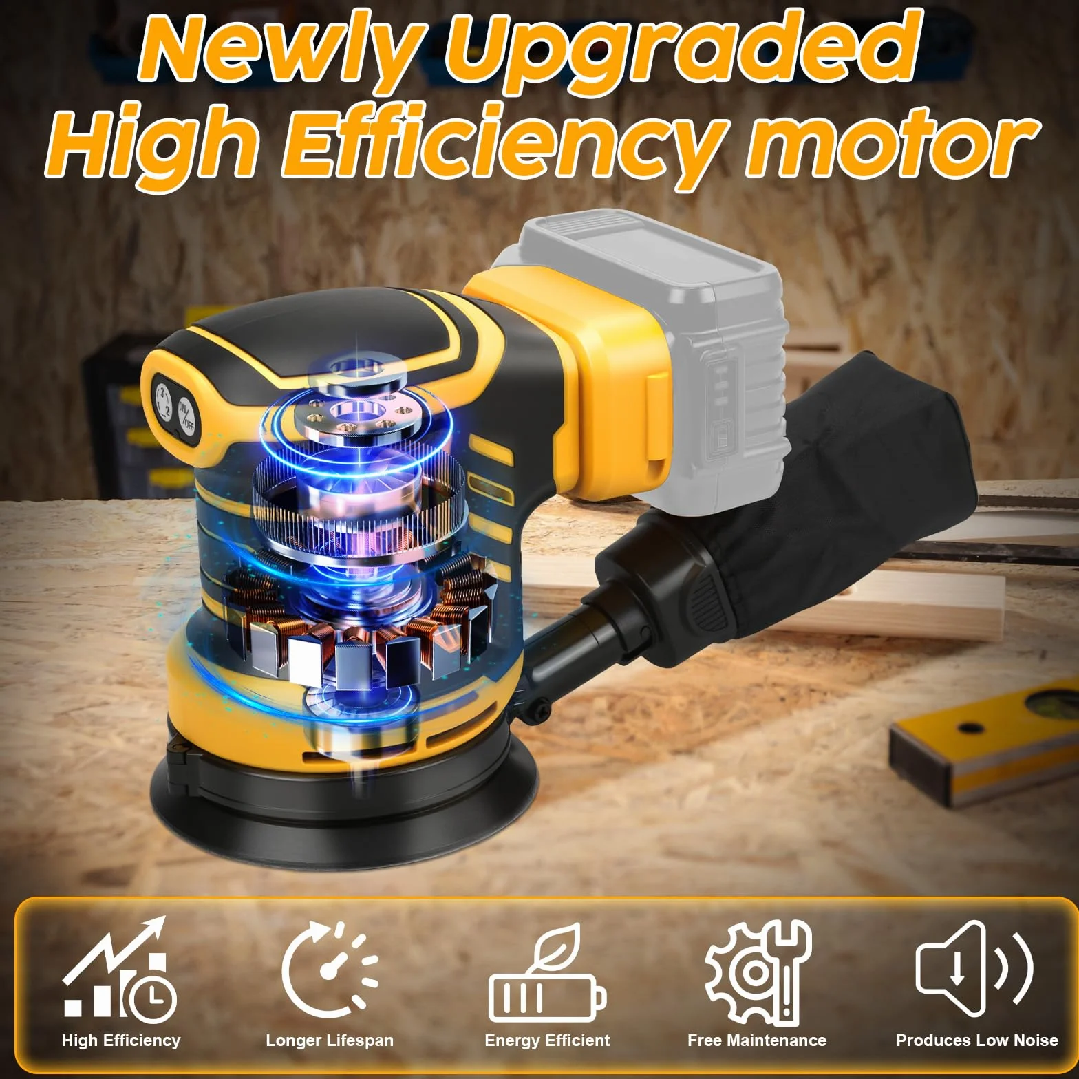 Akumulatorowa szlifierka mimośrodowa, 125 mm, profesjonalna szlifierka mimośrodowa do Dewalt 18 V, akumulator 20 V, 11 000 obr./min, 3 poziomy wydajności z 15 papierem ściernym (bez akumulatora)