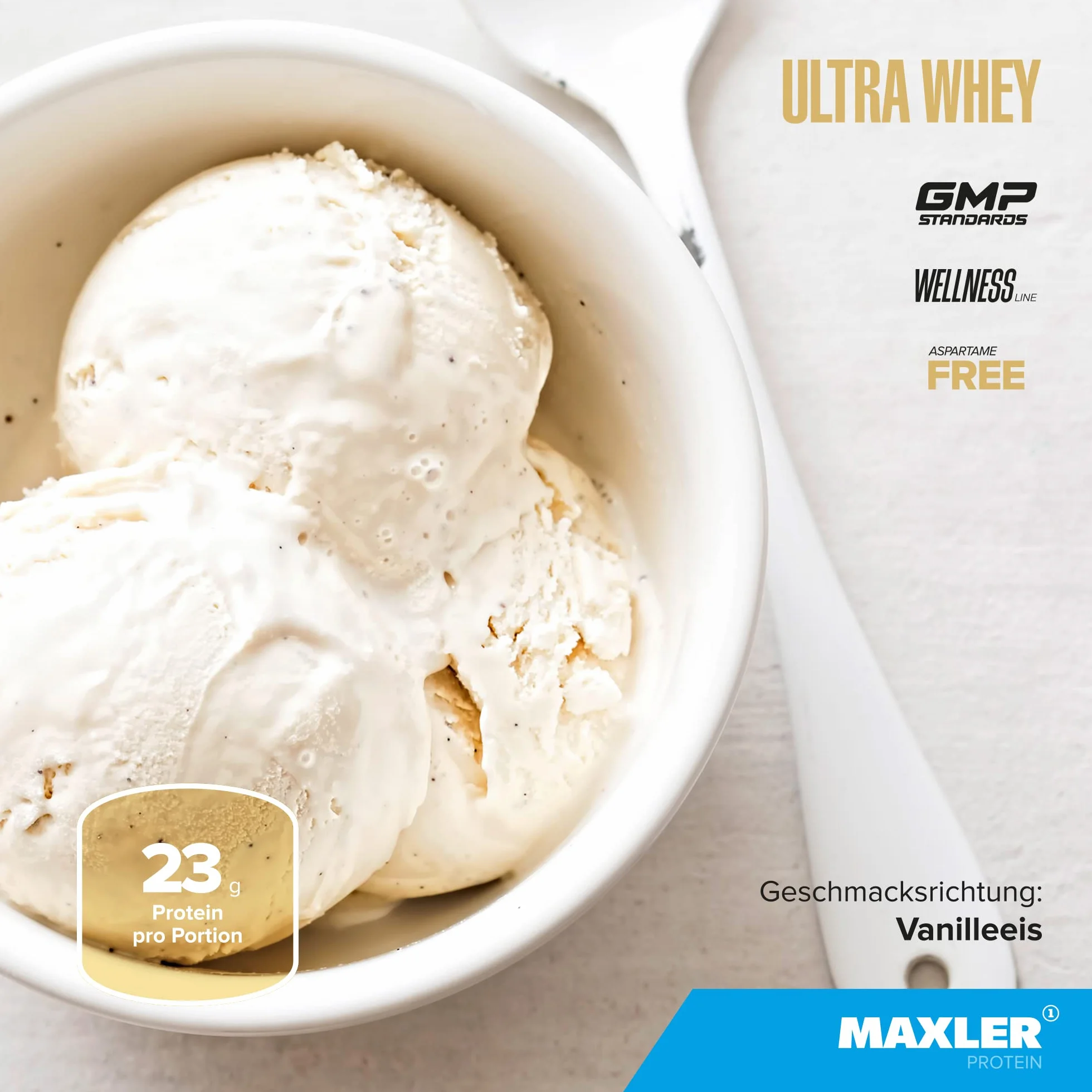 Maxler Ultra Whey Protein - 23 g białka w porcji - Pure Whey Protein Powder - Koncentrat białka serwatki, Izolat białka serwatki, Hydrolizat białka serwatki - Z BCAA - Lody waniliowe - 750g