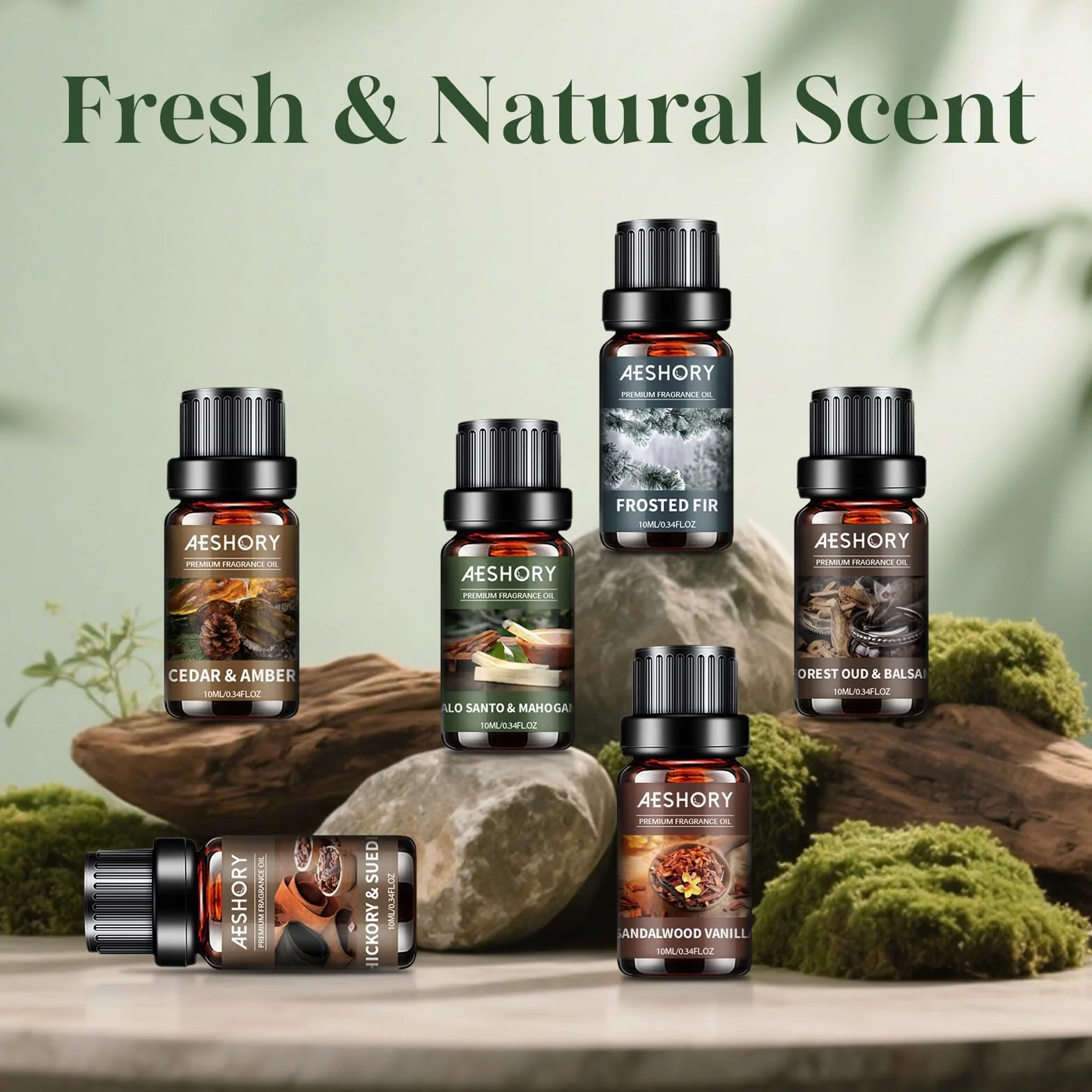 Aeshory 6 x 10 ml Seria Leśna Zestaw Olejków Eterycznych, Naturalne Olejki Zapachowe Do Dyfuzora – Hikora I Zamsz, Drzewo Sandałowe I Wanilia, Oszroniona Jodła, Palo Santo I Mahoń, Cedr I Bursztyn