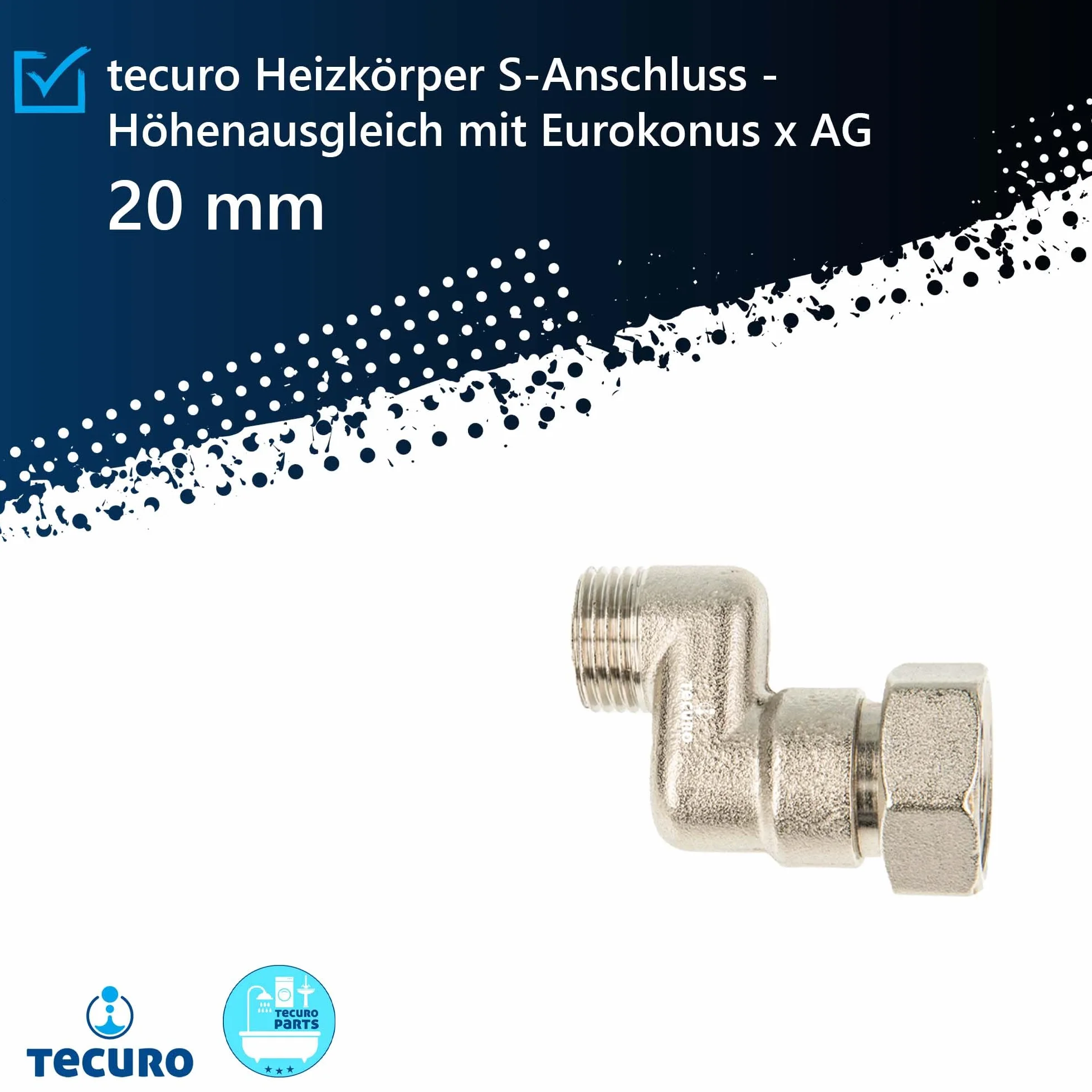tecuro Przyłącze S grzejnik 20 mm wyrównanie wysokości ze stożkiem euro, DN 15 (1/2") AG x DN 20 (3/4") nakrętka złączkowa mosiądz niklowany, AGS-20