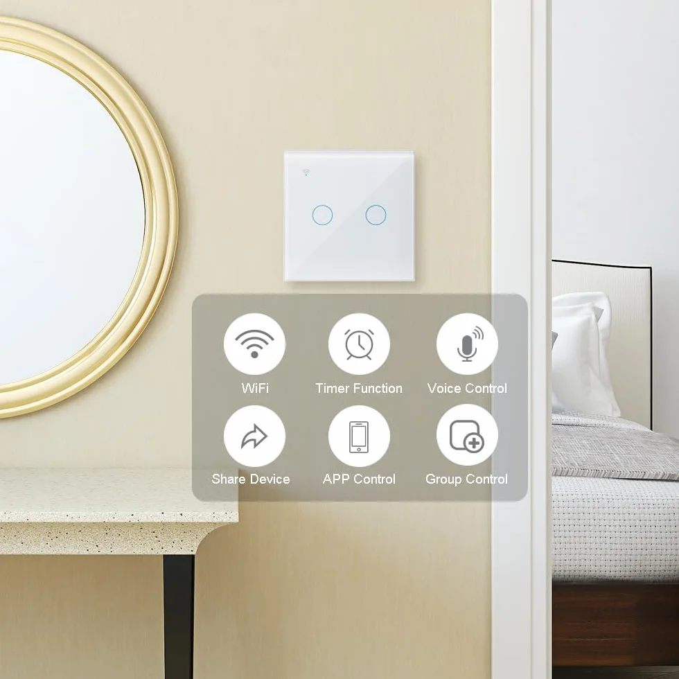 KETOTEK WiFi Podłączony przełącznik dotykowy 2 Gang 1-drożny kompatybilny z Alexa, Tuya Smart Life inteligentna kontrola aplikacji