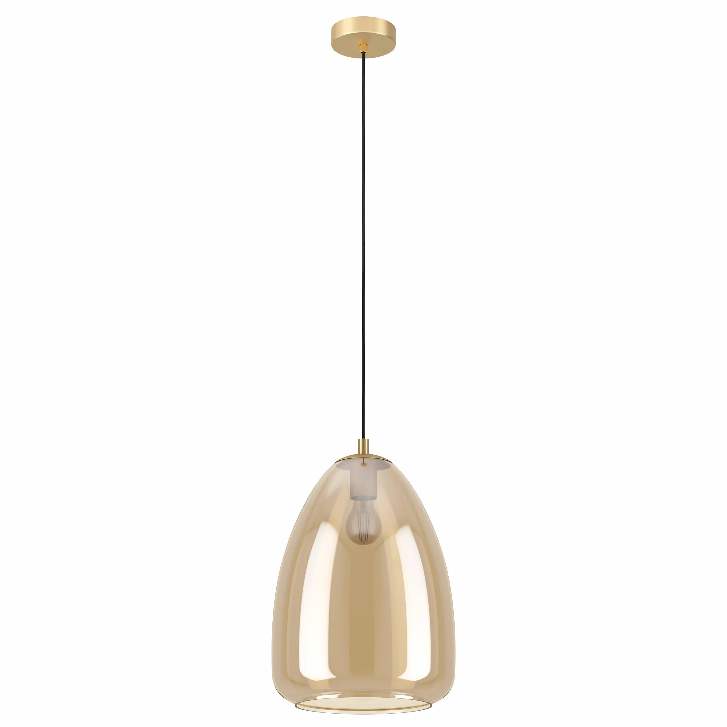 EGLO lampa wisząca Alobrase, lampka wisząca do jadalni | oświetlenie z metalu w kolorze szczotkowanego mosiądzu i szkła parzonego w kolorze bursztynowym, oprawka E27, Ø 30 cm