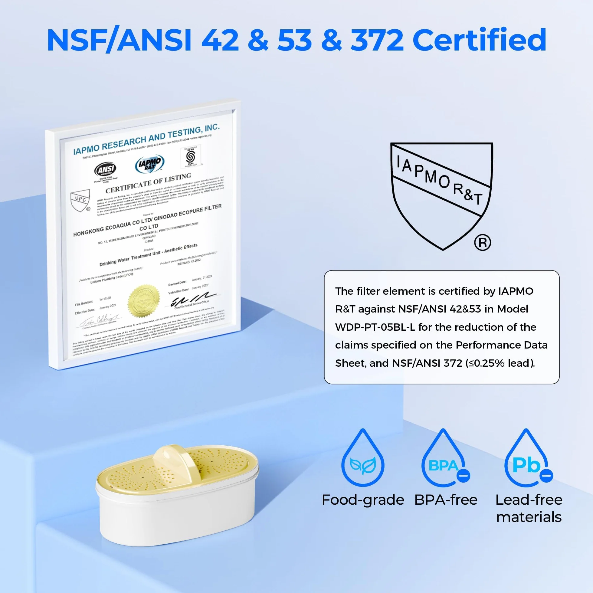 [Oryginalne] Wkłady filtrujące do wody Waterdrop WD-PF01A-P wymienne filtry do wszystkich dzbanków Waterdrop i systemu filtracji dozownika, certyfikat NSF 53, 42 i 372, redukują chlor, kadm, miedź