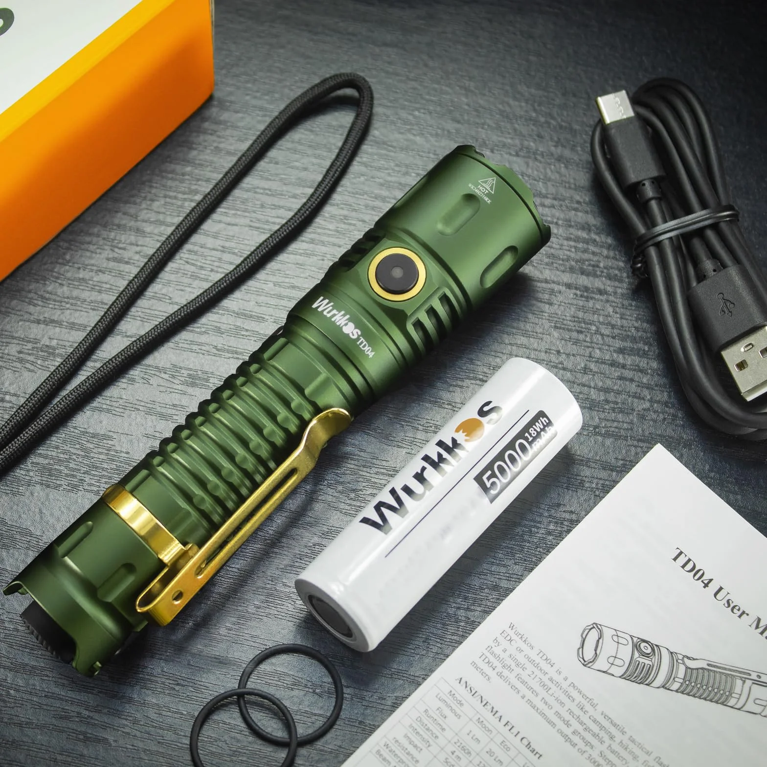 Wurkkos TD04 Latarka taktyczna, latarka ręczna do ładowania, 3000 lumenów, super jasna latarka LED z portem ładowania typu C, przełącznik tylny, na kemping, wędrówki, sytuacje awaryjne, wodoodporność