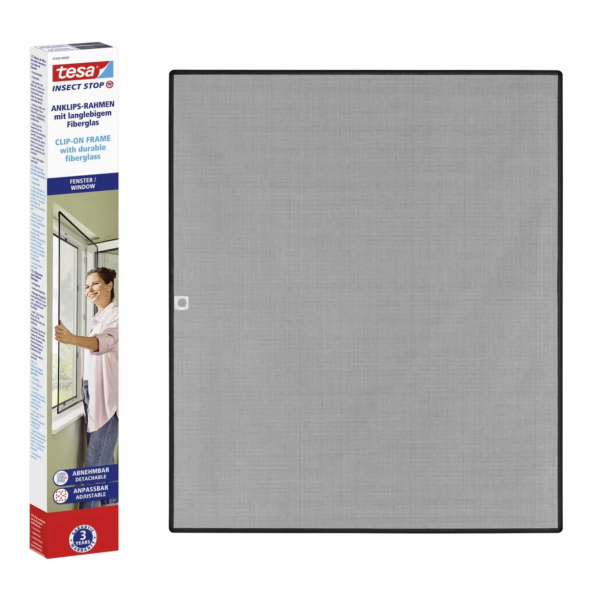 tesa INSECT STOP Clip-on Frame Fly Screen for Window - regulowana rama, siatka z włókna szklanego, klipsy samoprzylepne, antracyt - 100 x 120 cm