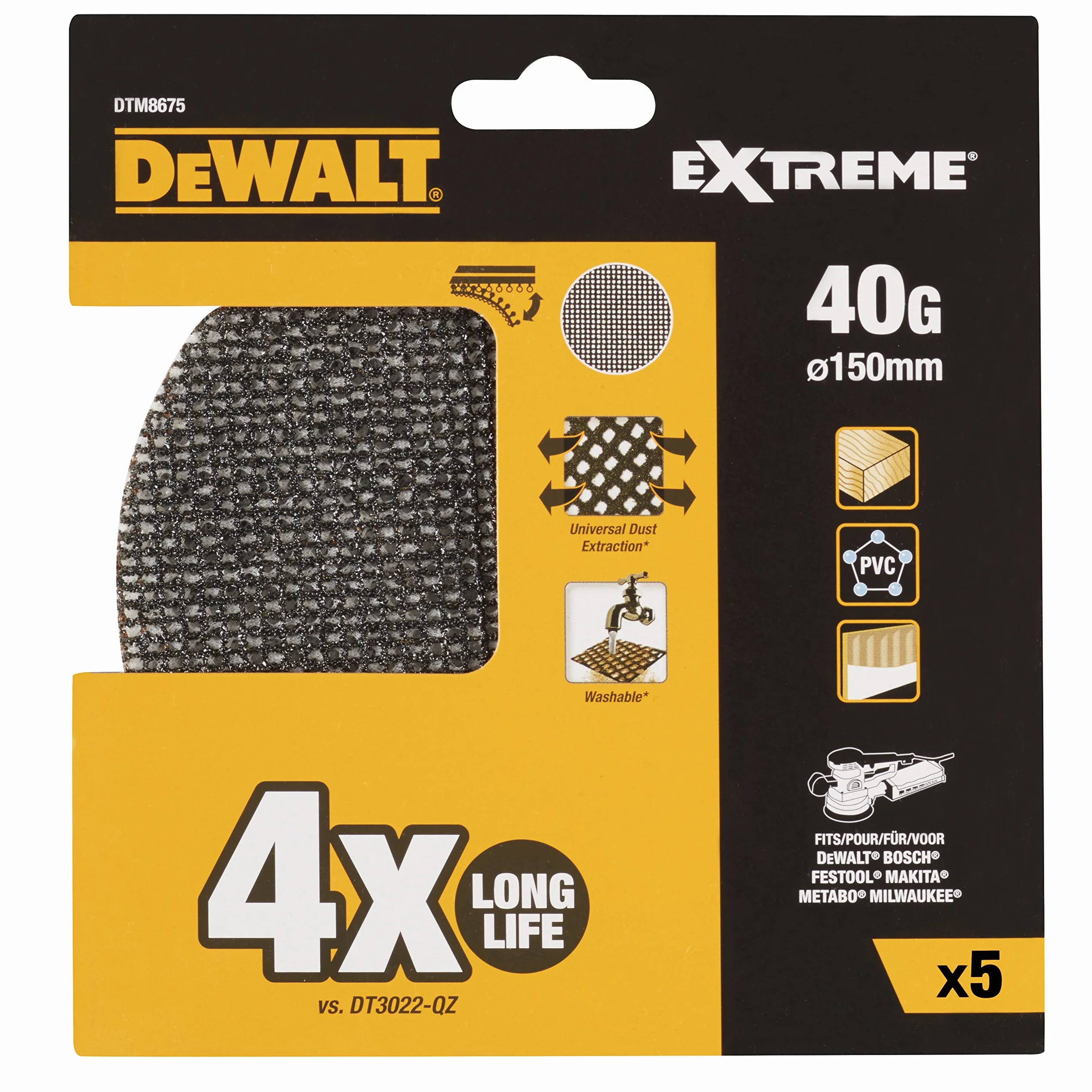 Dewalt siatka szlifierska Extreme (ziarnistość 40, 150 mm Ø, z rzepem, do stosowania na szlifierkach mimośrodowych, 5 sztuk) DTM8675