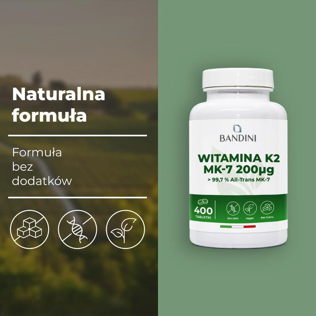 Bandini Witamina K2 MK7 200 µg, 400 tabletek, Wysoka dawka menachinonu, Pomaga w utrzymaniu prawidłowego stanu kości, Wegańska