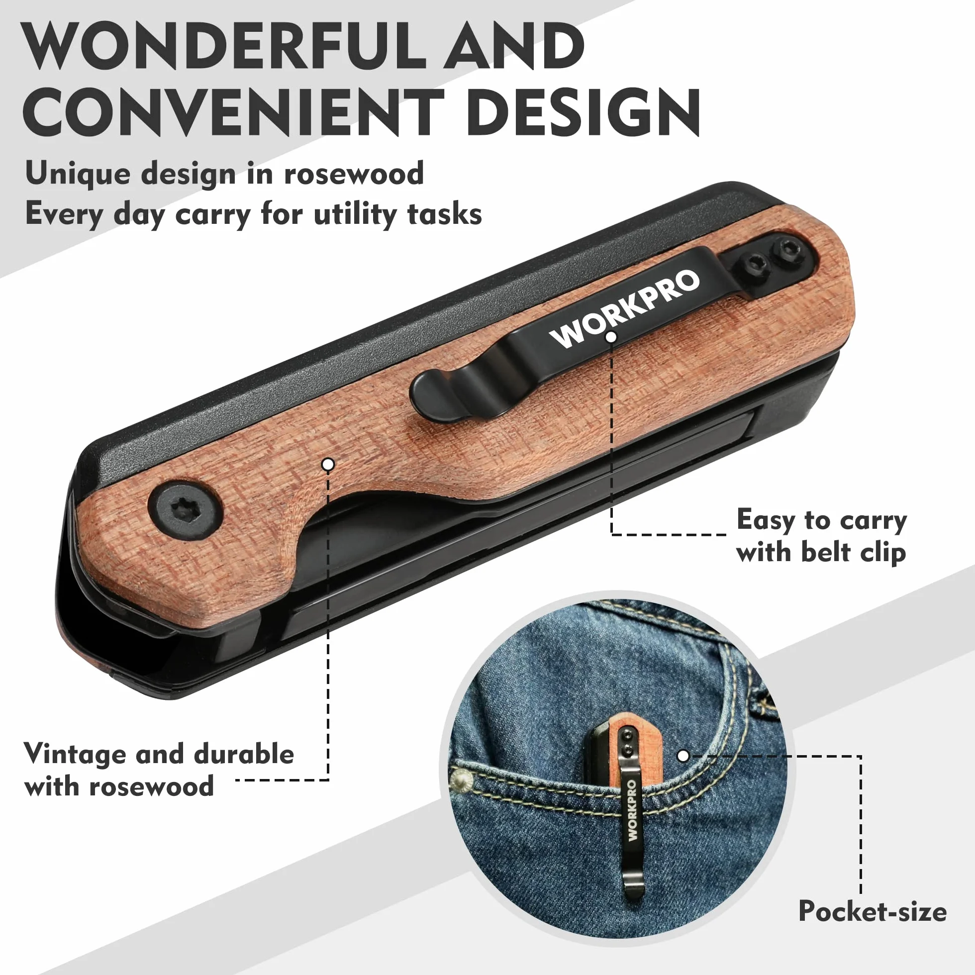 WORKPRO 2‑w‑1 Nóż Kieszonkowy, Składany Nóż Uniwersalny z Aluminium, Cutter z Drewnianym Uchwytem i Klipsem do Paska, Liner-Lock, Wraz z 10 Dodatkowymi Ostrzami