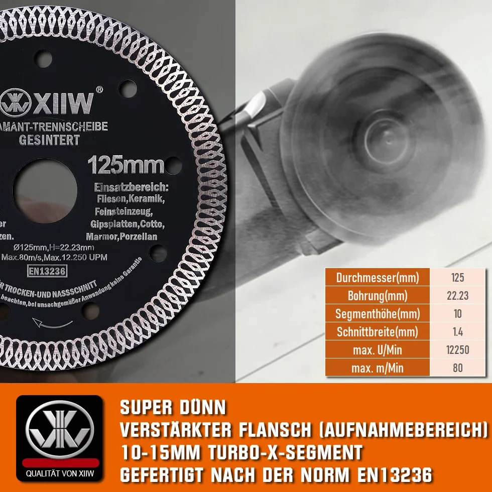 7-częściowy zestaw wierteł do płytek M14 x 15 mm, diamentowa koronka wiertnicza 20-68 mm + tarcza tnąca 125 mm, do szlifierek kątowych, otwornic, płytek, granitu, gresu, ceramiki, muru, korony
