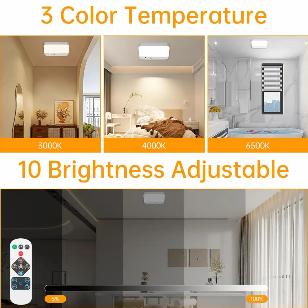 URAQT Lampa Sufitowa LED z Czujnikiem Ruchu, Bezprzewodowa, 3000K/4000K/6500K, Akumulatorowa, z Pilotem i Timerem, Åšciemnialna, do Łazienki, Sypialni, Korytarza