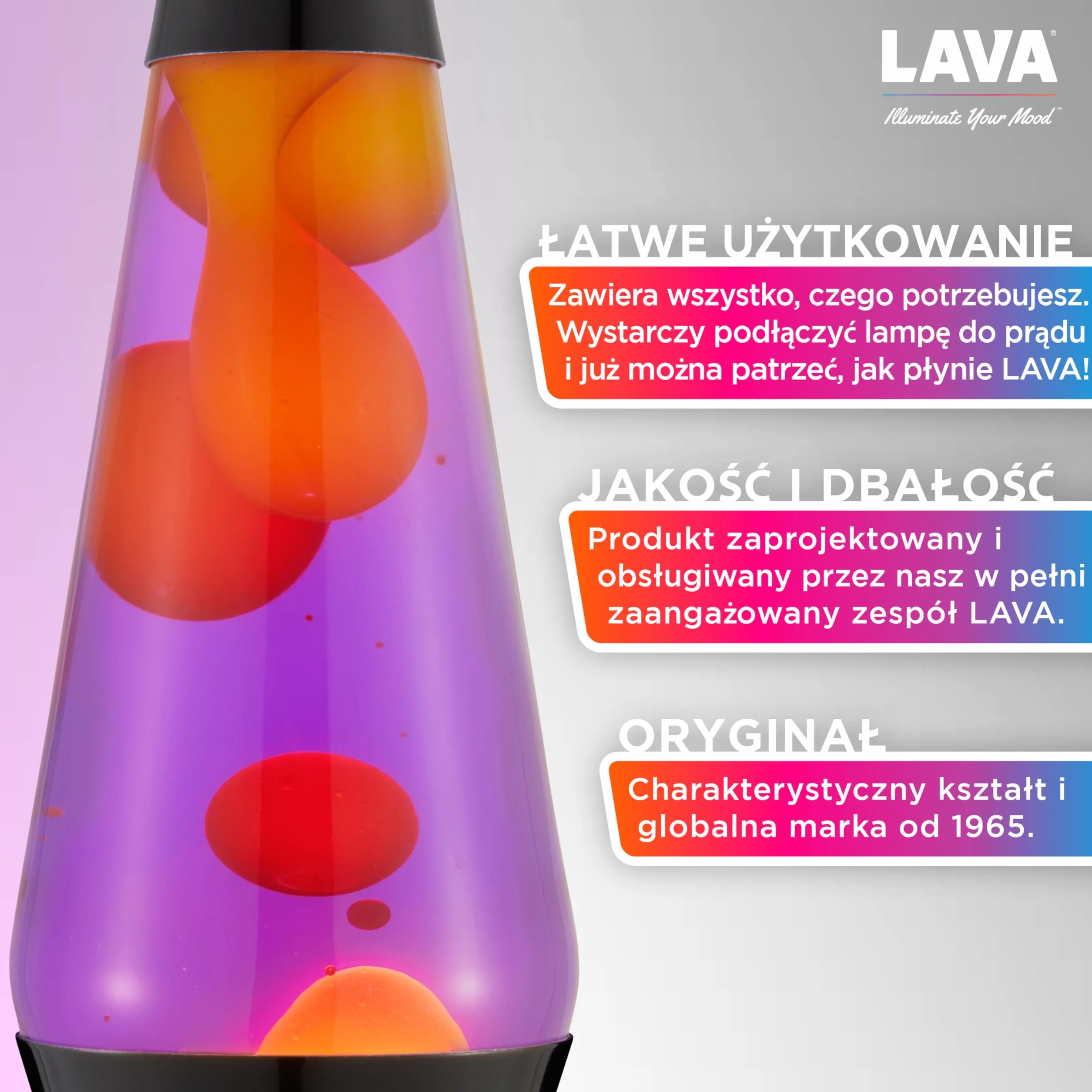 LAVA® - Lampa Lava 2323, żółty wosk, fioletowa ciecz, czarna podstawa i czapka, oryginalna 14,5 cal lampa ruchowa marki LAVA®