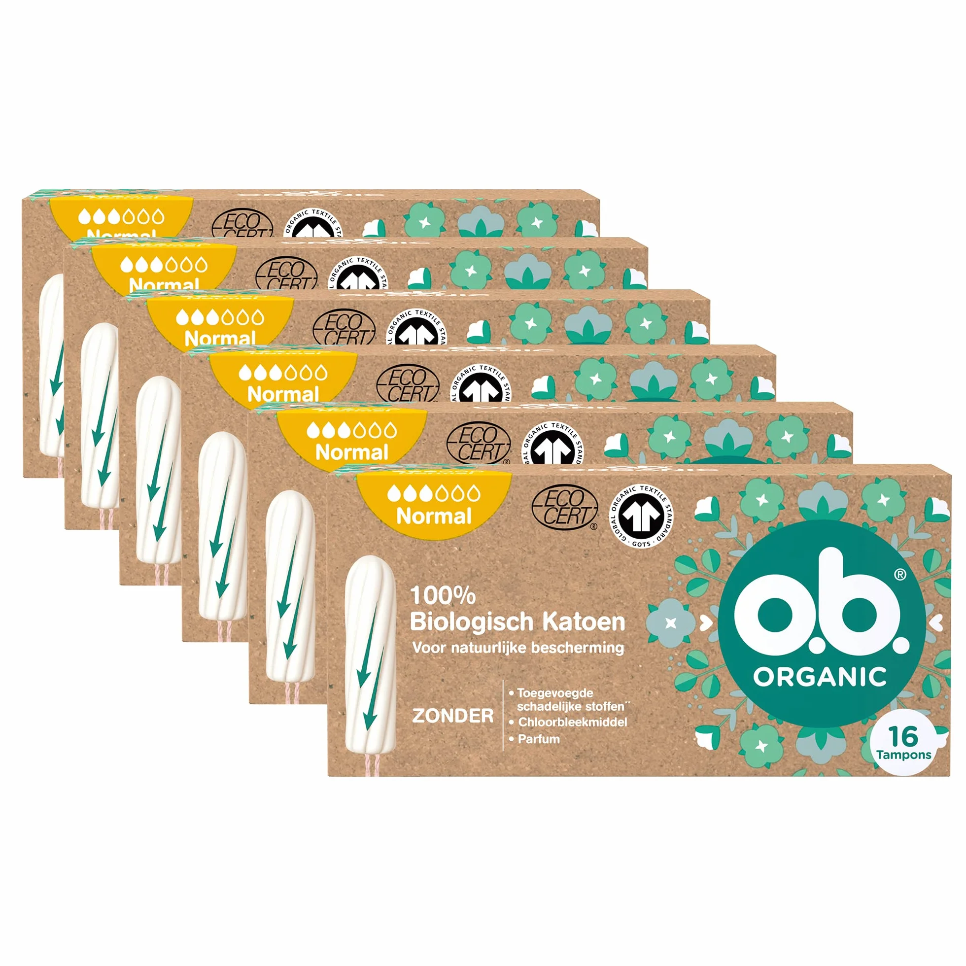 o.b. Organic Normal Biotampony na średnie do cięższych dni z 100% biobawełny, 6 x 16 sztuk