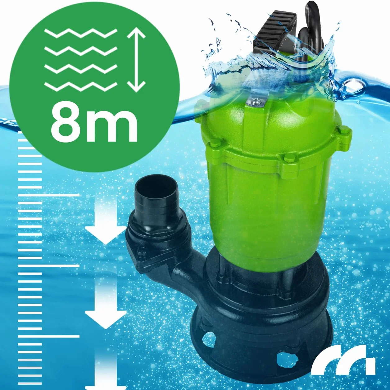 MalTec Pompa głębinowa do czyszczenia brudnej wody z rozdrabniaczem, 12000 l/h, głębokość 8 m, z metalu, przełącznik pływakowy, pompa