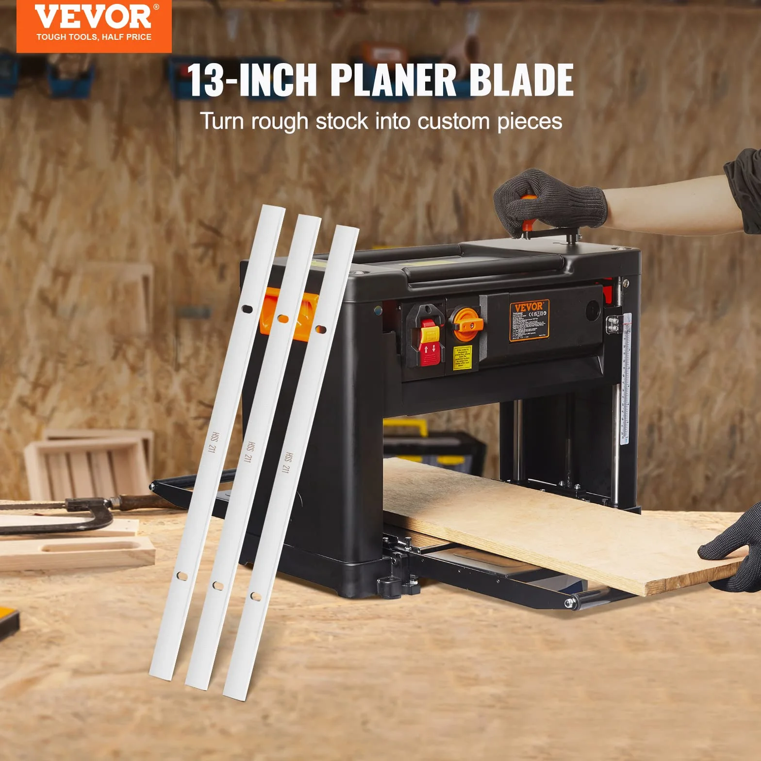 VEVOR Ostrza strugarskie HSS 33 cm 3 SZTUK Wymienne noże do strugarki grubościowej Szybka stal o grubości 2 mm Twardość HRC55-60 Wygodne otwory montażowe do stolarki DIY Wood Home Industries