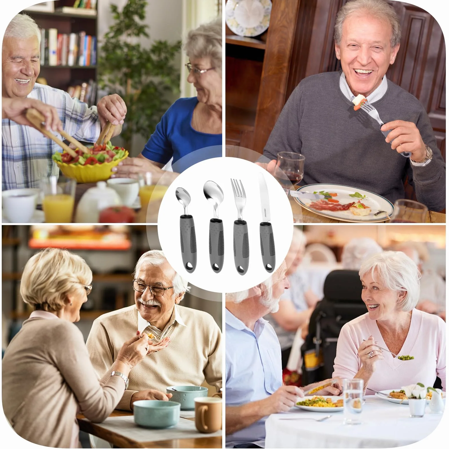 4-częściowy zestaw sztućców dla seniorów dla osób niepełnosprawnych – ergonomiczne sztućce Parkinson z pogrubionym uchwytem, antypoślizgowe sztućce dla seniorów ze stali nierdzewnej, nadają się do