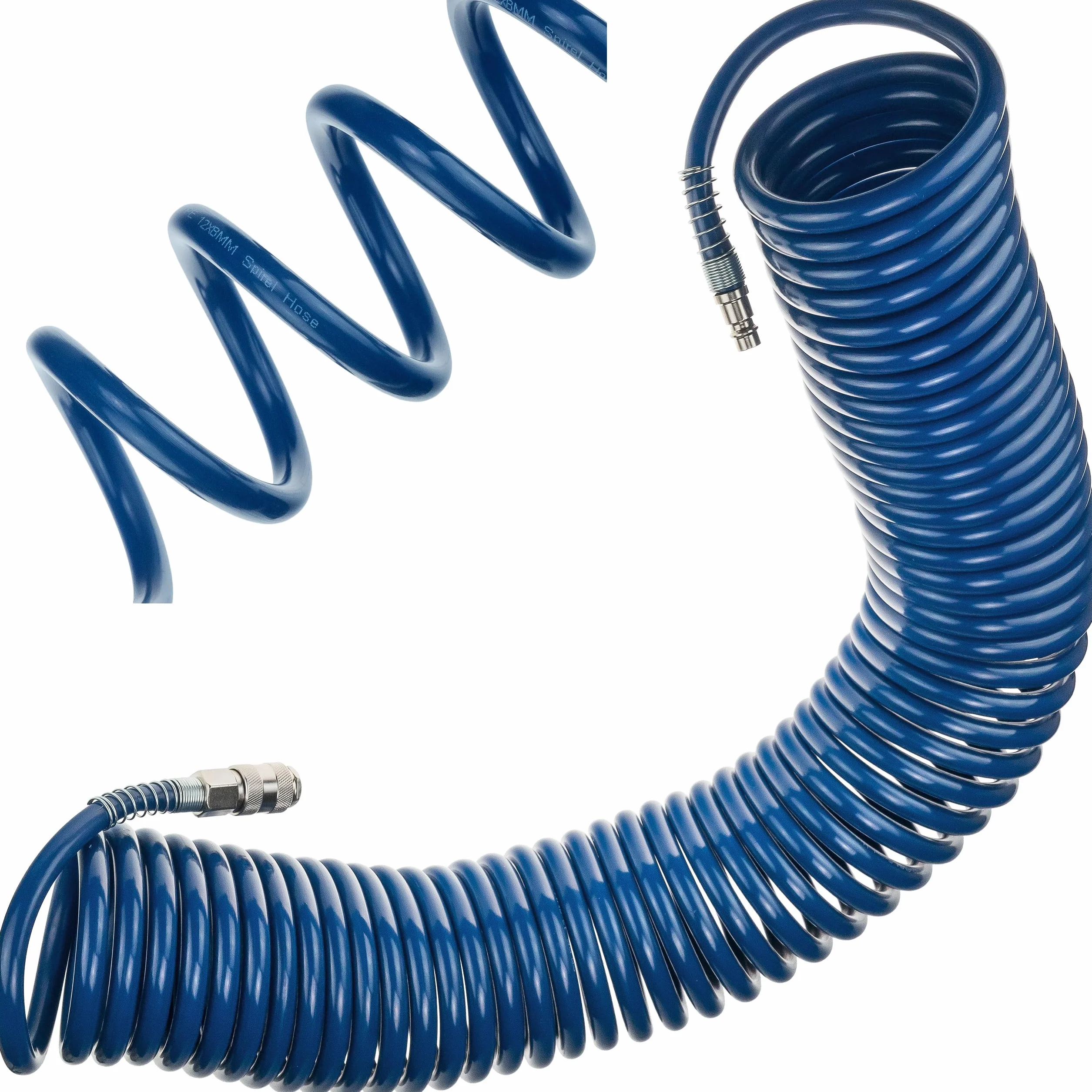 Wąż pneumatyczny SP-PE 15 m, elastyczny wąż spiralny Ø 8/12 mm, wąż powietrza PE, maks. ciśnienie 10 bar, z zabezpieczeniem przed zagięciem i szybkozłączką, do garażu i warsztatu