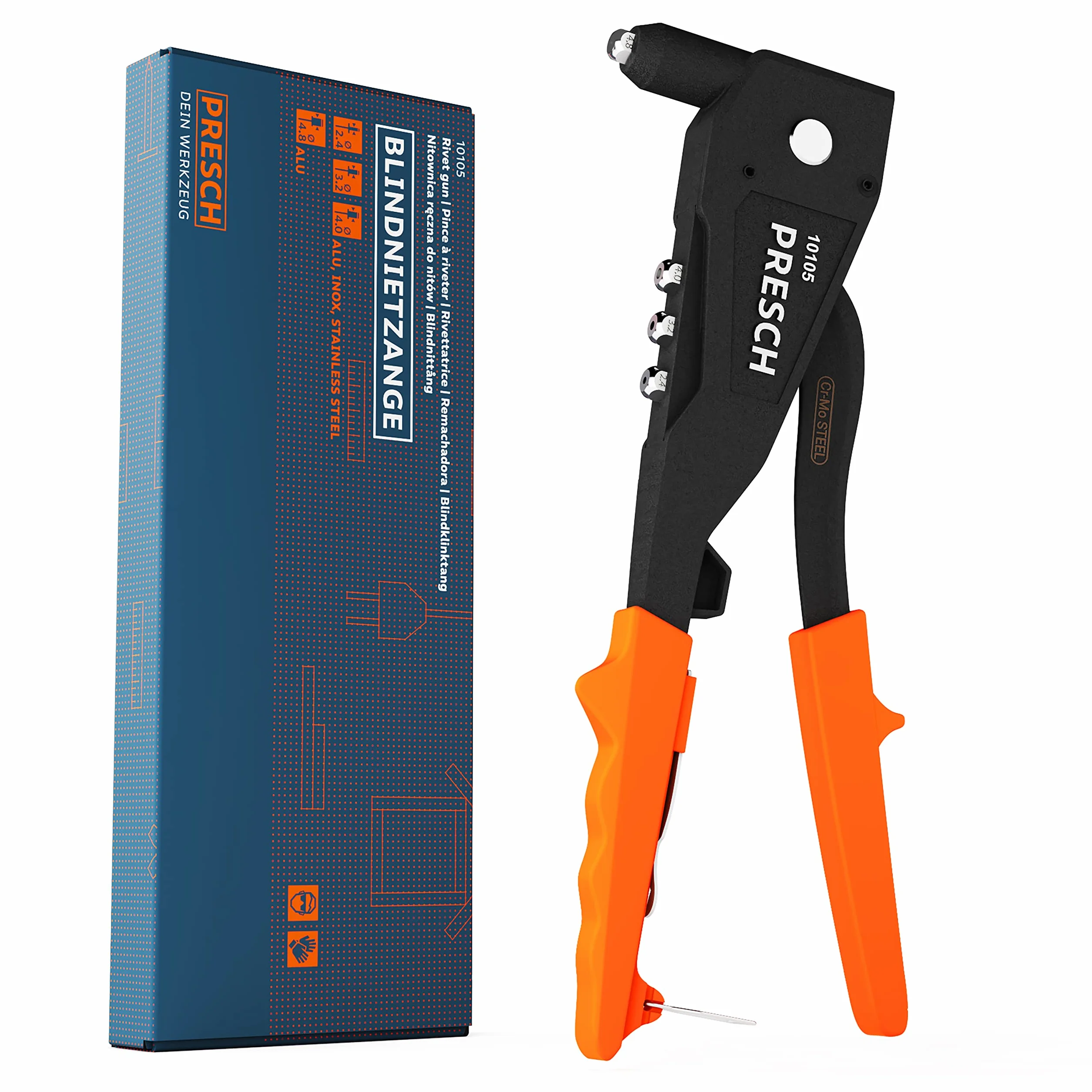 Presch Pistolet do nitów - Solidny, profesjonalny pistolet do nitów - Nitownica z ergonomicznym uchwytem do nitów zrywalnych - Stal Ø 2,4, 3,2, 4,0 mm i stal aluminiowa do 4,8 mm