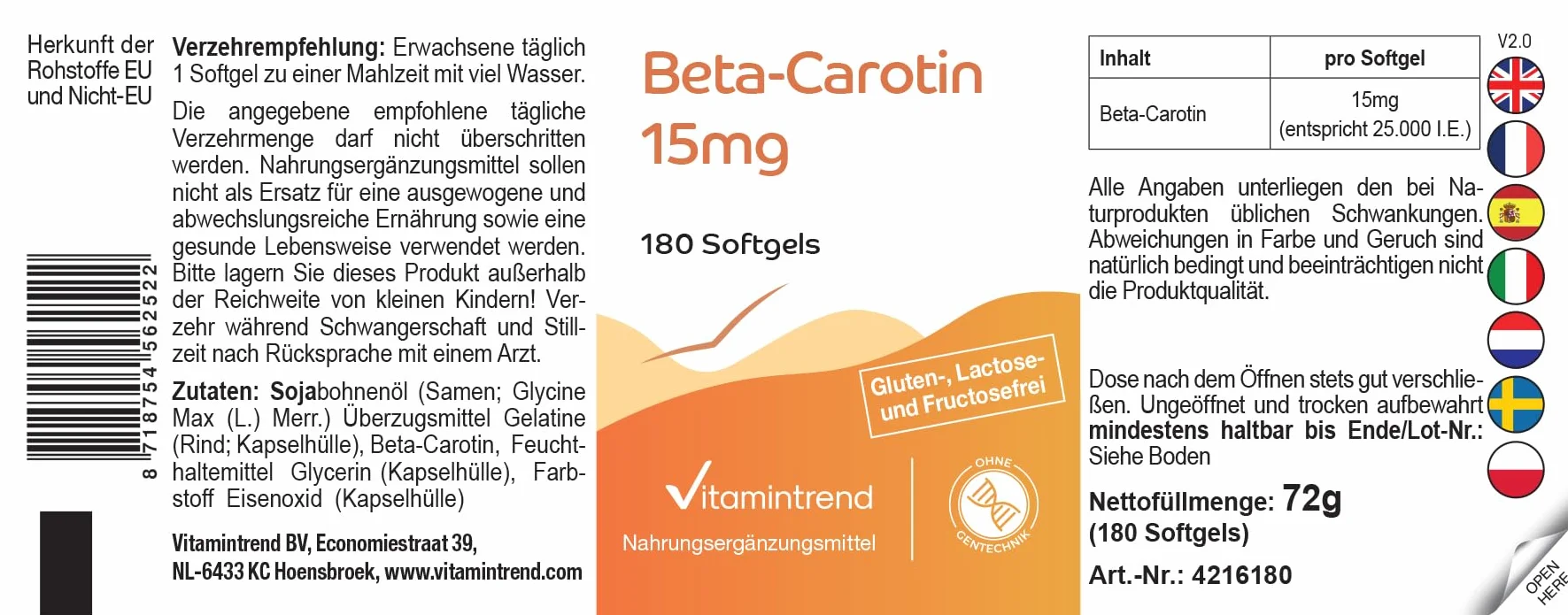 Vitamintrend Beta-karoten 15mg, 180 kapsułek po 15mg (odpowiada 25 000 j.m.), wysoka dawka, bez stearynianu magnezu, wyprodukowane w Niemczech.